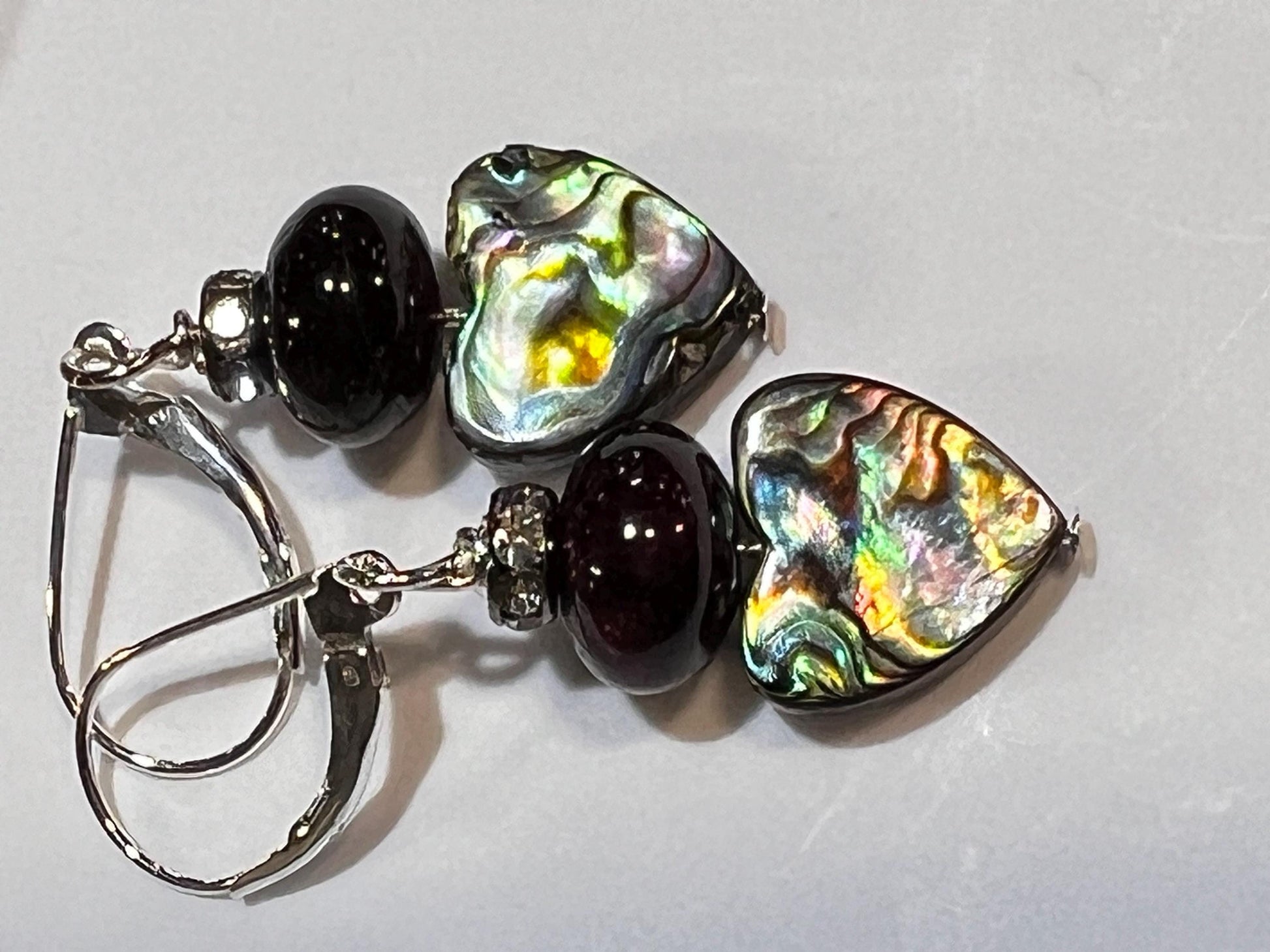 Genuine Abalone 12mm Heart shape double sided with Black Onyx 12mm and rhinestone spacer silver earrings Handmade Gift for Her