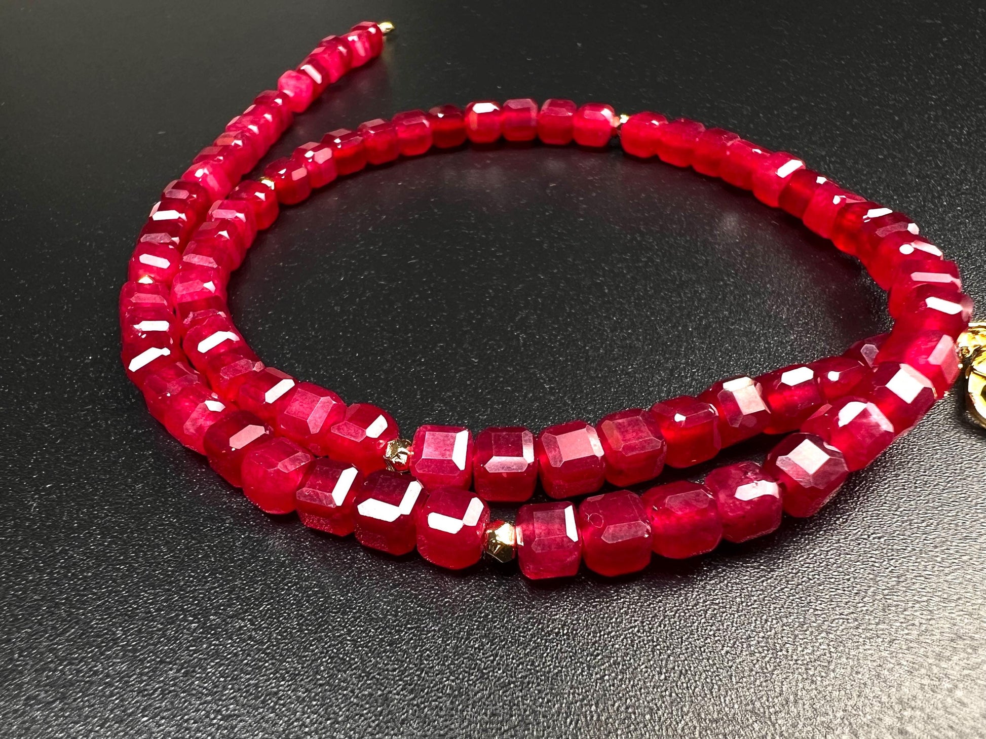 Genuine Red Spinel Faceted Square Cube 5mm Beautiful Gold Filled Necklace. Pomegranate Red Holiday gift