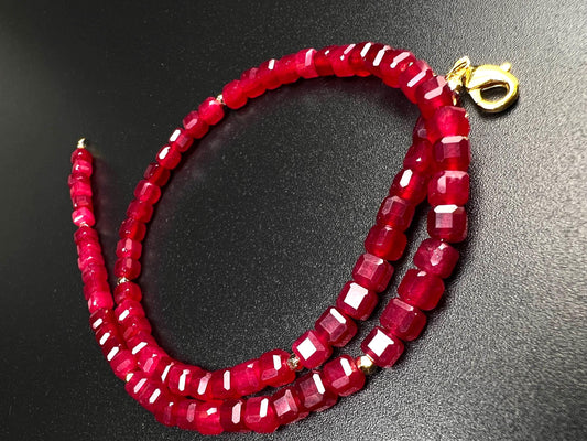 Genuine Red Spinel Faceted Square Cube 5mm Beautiful Gold Filled Necklace. Pomegranate Red Holiday gift