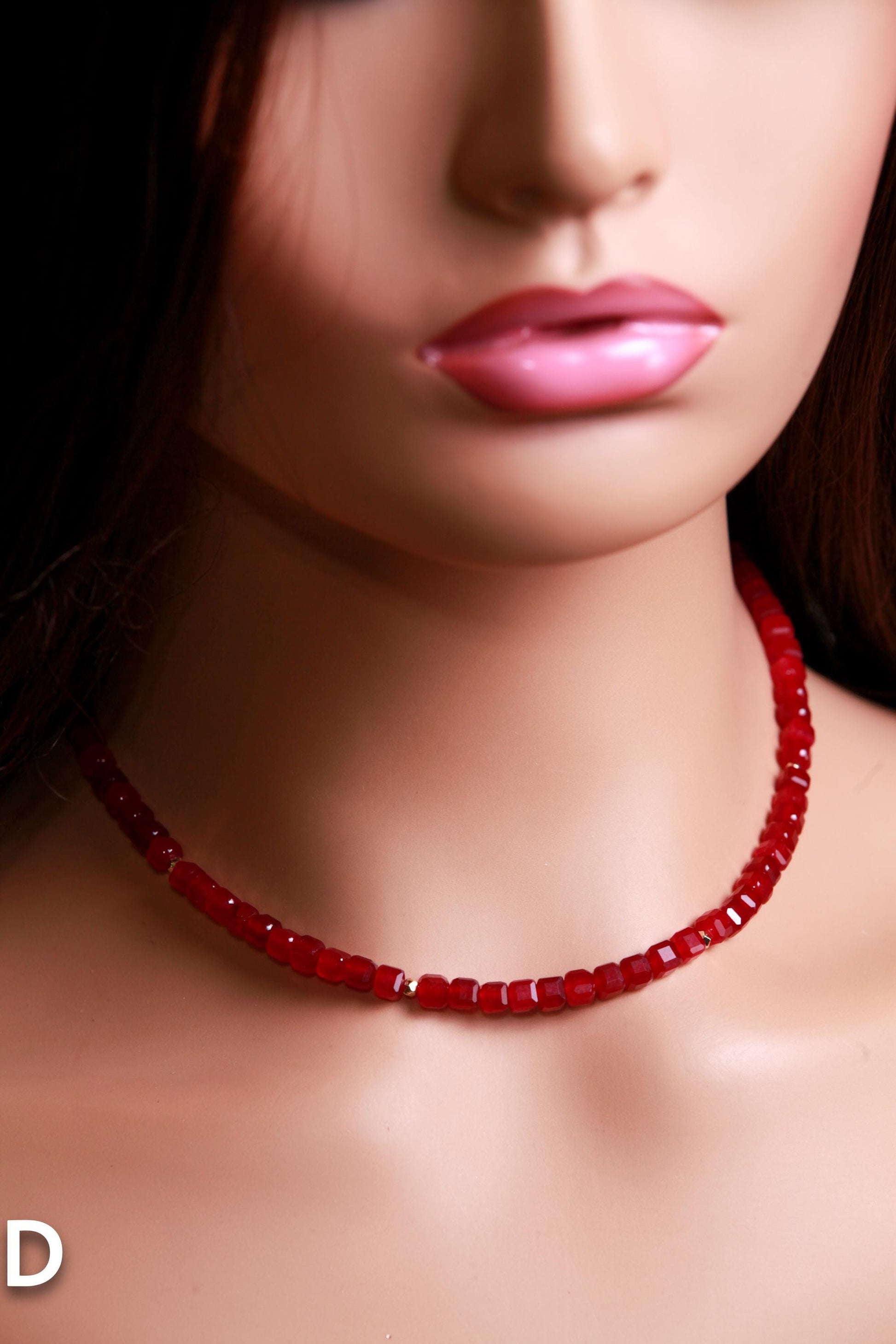 Genuine Red Spinel Faceted Square Cube 5mm Beautiful Gold Filled Necklace. Pomegranate Red Holiday gift