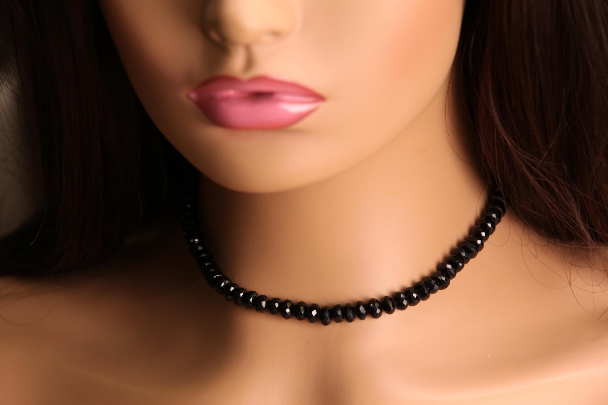 Natural Black Spinel 8-9mm large Micro Faceted Diamond Cut Necklace in Rhodium sterling Silver clasp Choker, Layering Necklace 14"- 36"