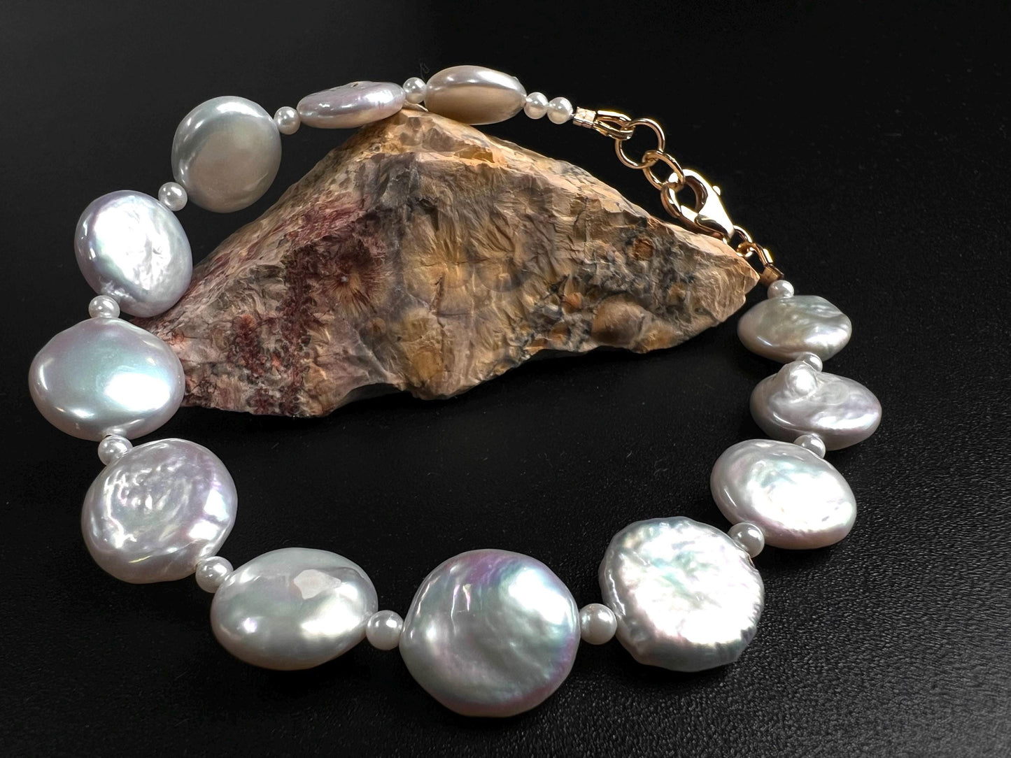 Freshwater Coin Pearl Bracelet, Sterling Silver, 14K Gold Clasp