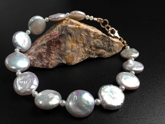 Freshwater Coin Pearl Bracelet, Sterling Silver, 14K Gold Clasp