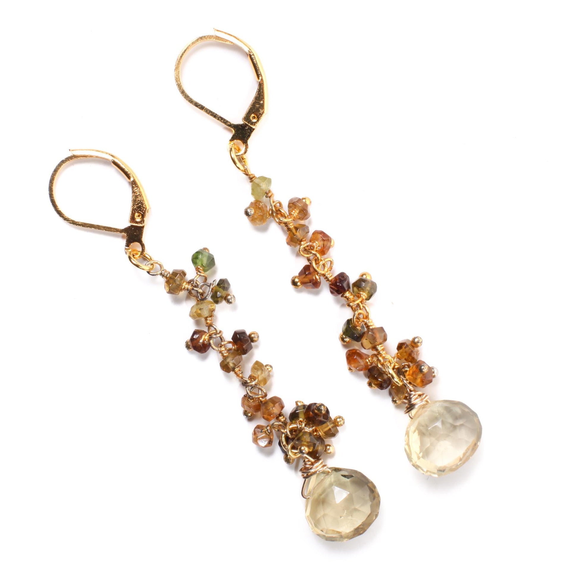 Natural Lemon Quartz Teardrop Dangling with Petro Brown Tourmaline Wire Wrapped 22K Gold Vermeil Earrings, Natural Gemstone, Handmade Gift