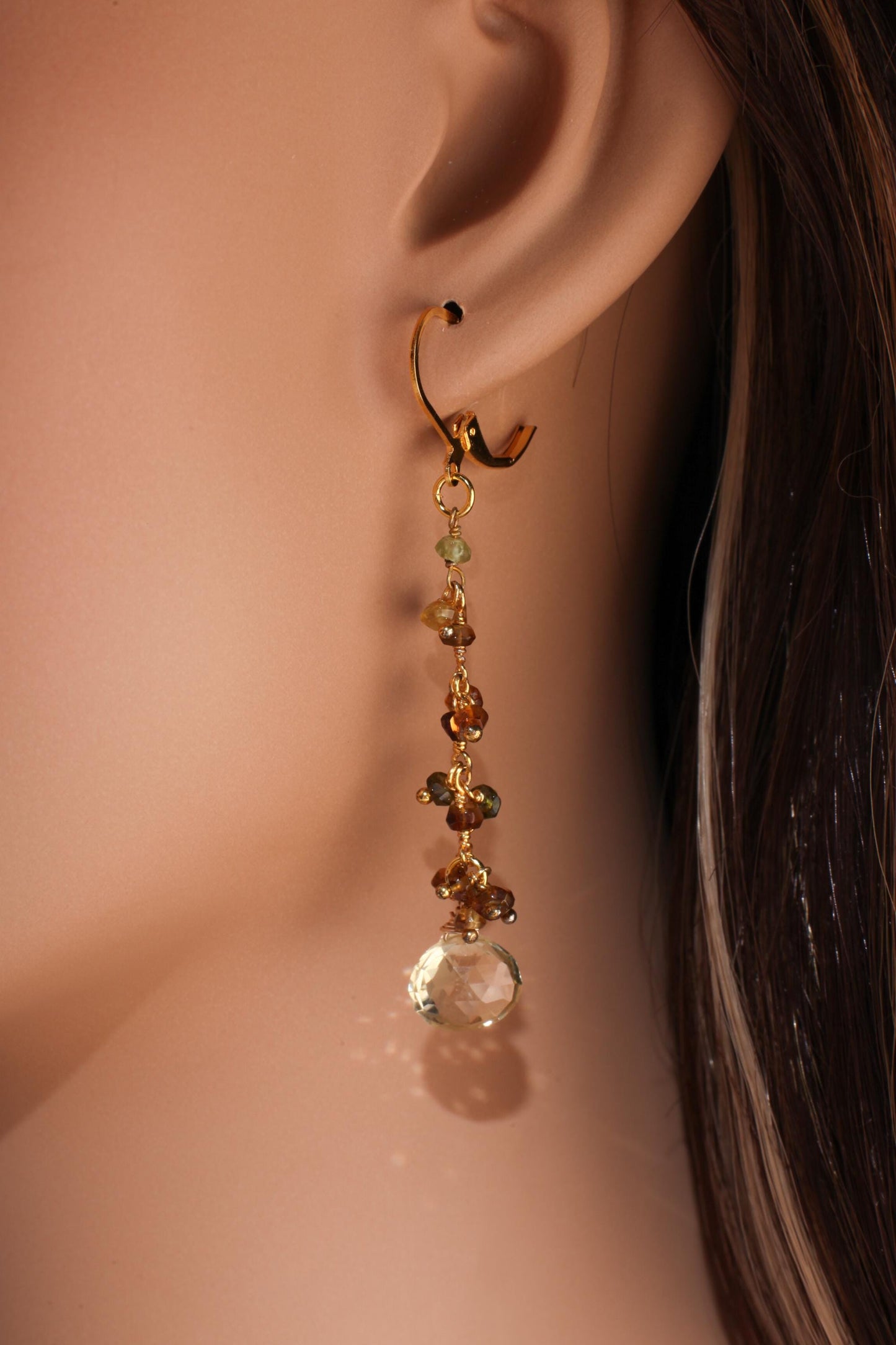 Natural Lemon Quartz Teardrop Dangling with Petro Brown Tourmaline Wire Wrapped 22K Gold Vermeil Earrings, Natural Gemstone, Handmade Gift