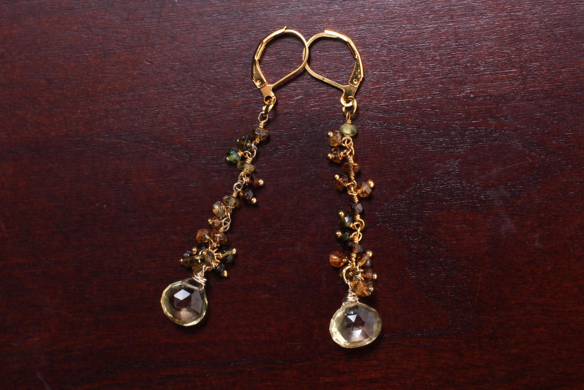 Natural Lemon Quartz Teardrop Dangling with Petro Brown Tourmaline Wire Wrapped 22K Gold Vermeil Earrings, Natural Gemstone, Handmade Gift