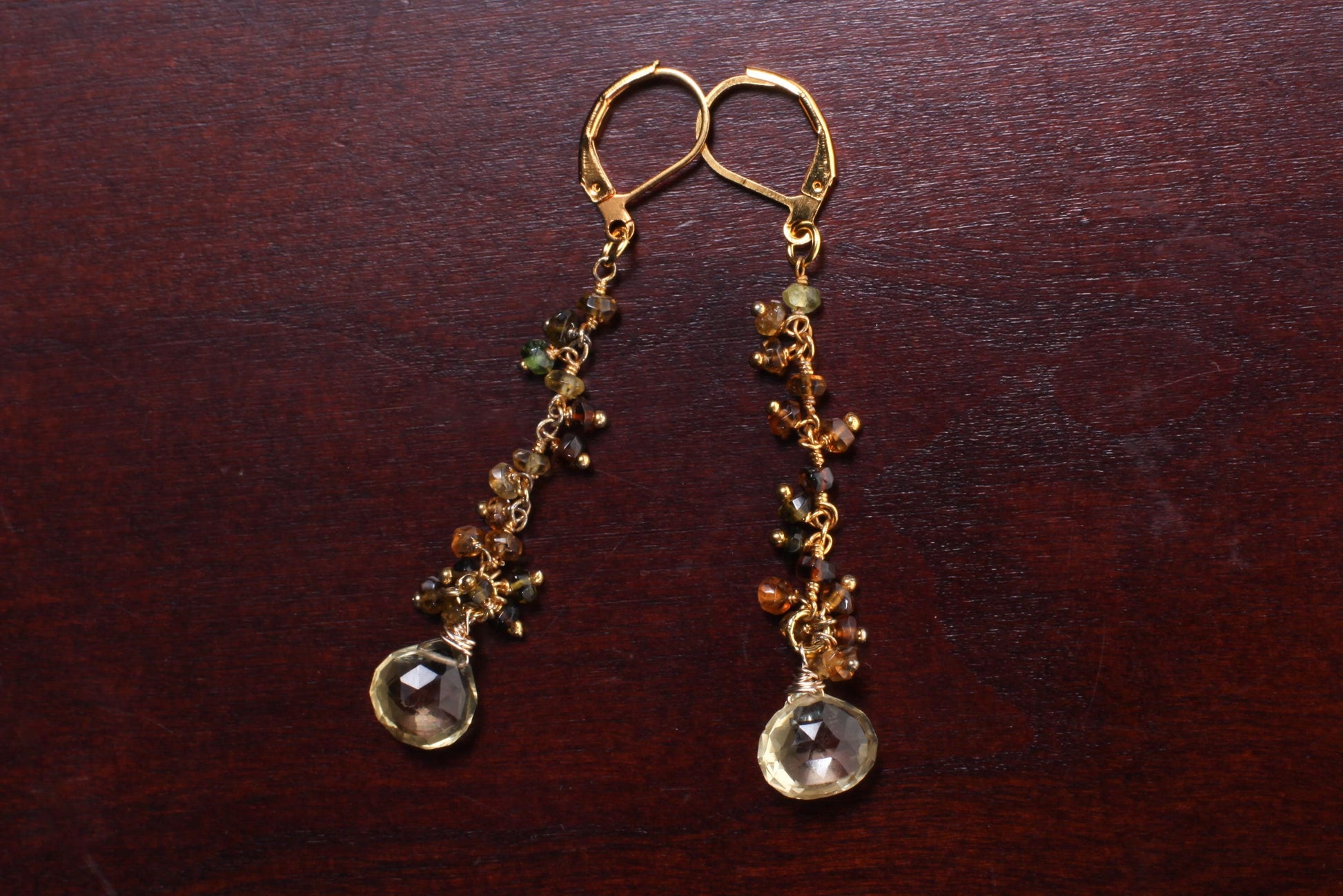 Natural Lemon Quartz Teardrop Dangling with Petro Brown Tourmaline Wire Wrapped 22K Gold Vermeil Earrings, Natural Gemstone, Handmade Gift