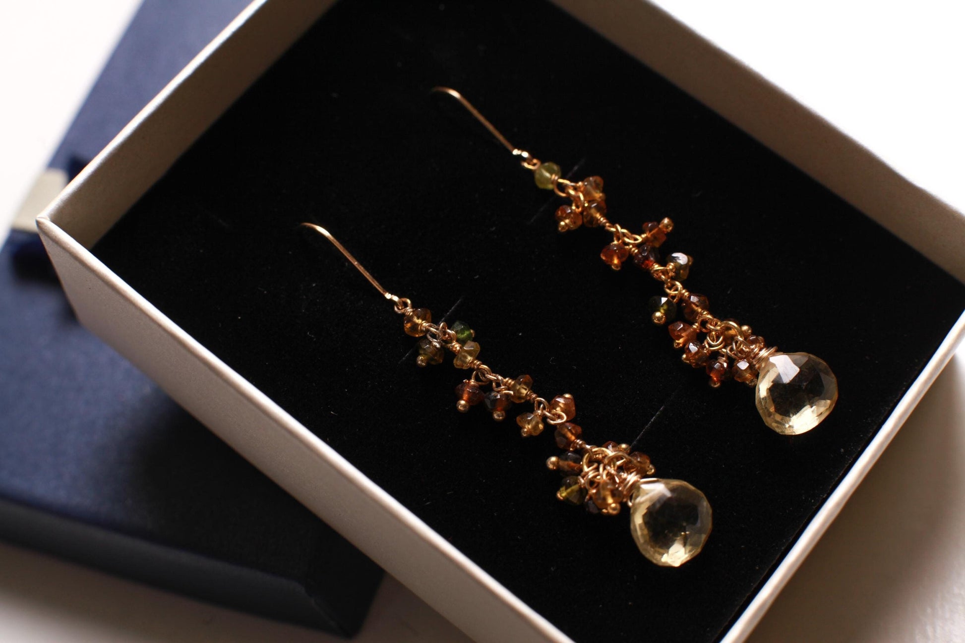 Natural Lemon Quartz Teardrop Dangling with Petro Brown Tourmaline Wire Wrapped 22K Gold Vermeil Earrings, Natural Gemstone, Handmade Gift