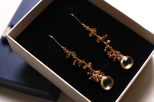 Natural Lemon Quartz Teardrop Dangling with Petro Brown Tourmaline Wire Wrapped 22K Gold Vermeil Earrings, Natural Gemstone, Handmade Gift