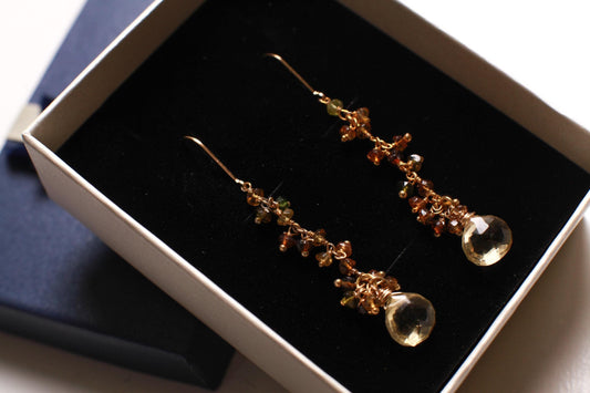 Natural Lemon Quartz Teardrop Dangling with Petro Brown Tourmaline Wire Wrapped 22K Gold Vermeil Earrings, Natural Gemstone, Handmade Gift