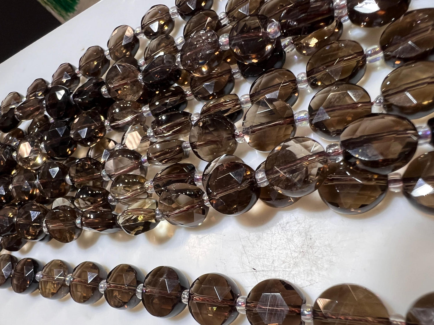 Natural Smokey Quartz 10mm Faceted Dime shape jewelry making beads 14”Strand Approx 30 pcs