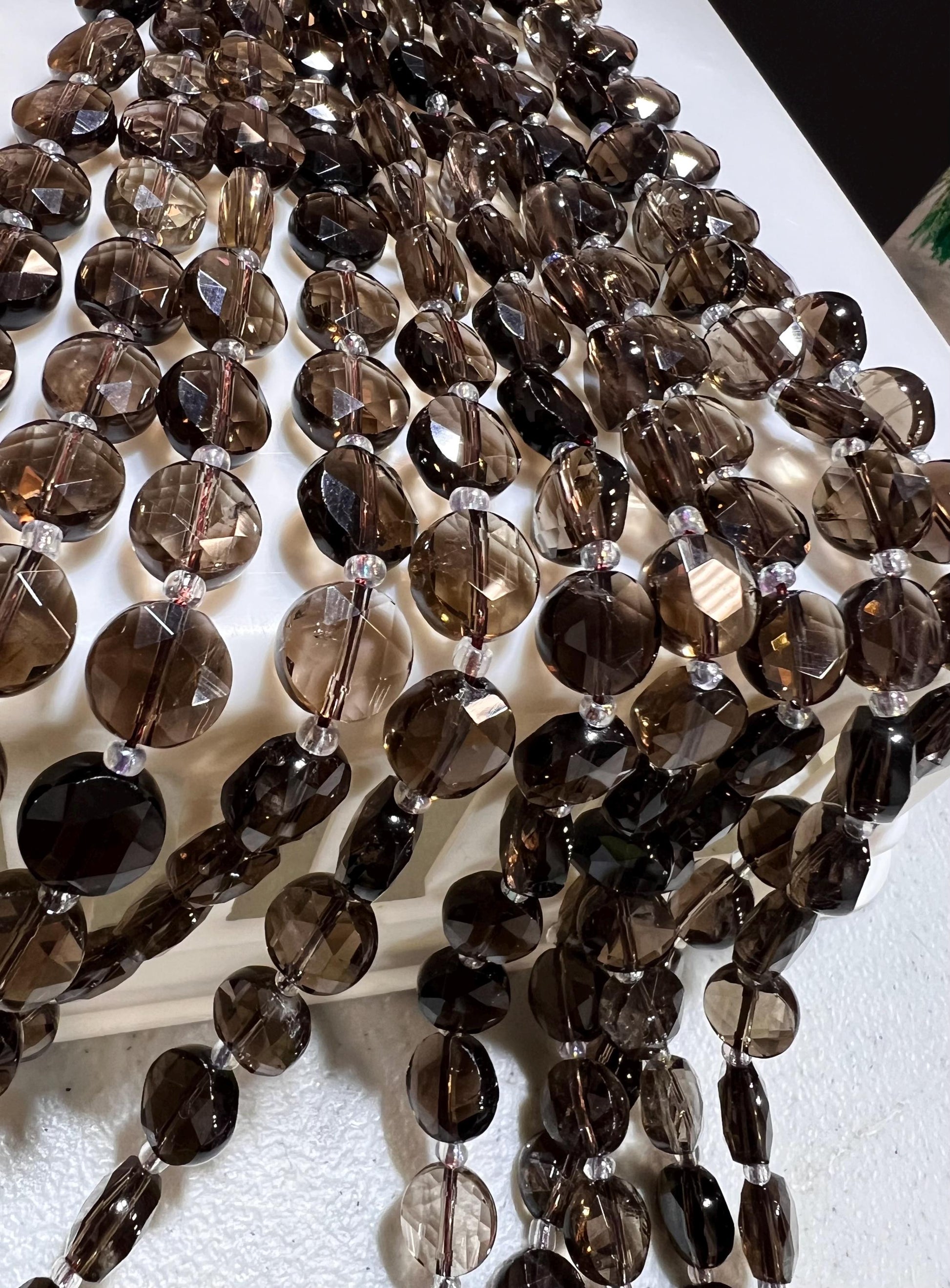 Natural Smokey Quartz 10mm Faceted Dime shape jewelry making beads 14”Strand Approx 30 pcs