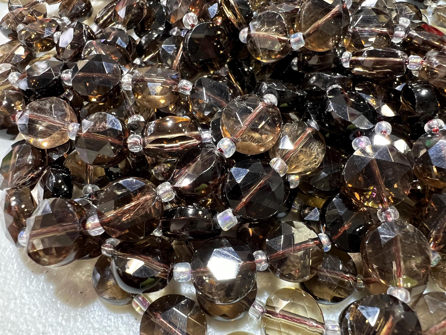 Natural Smokey Quartz 10mm Faceted Dime shape jewelry making beads 14”Strand Approx 30 pcs