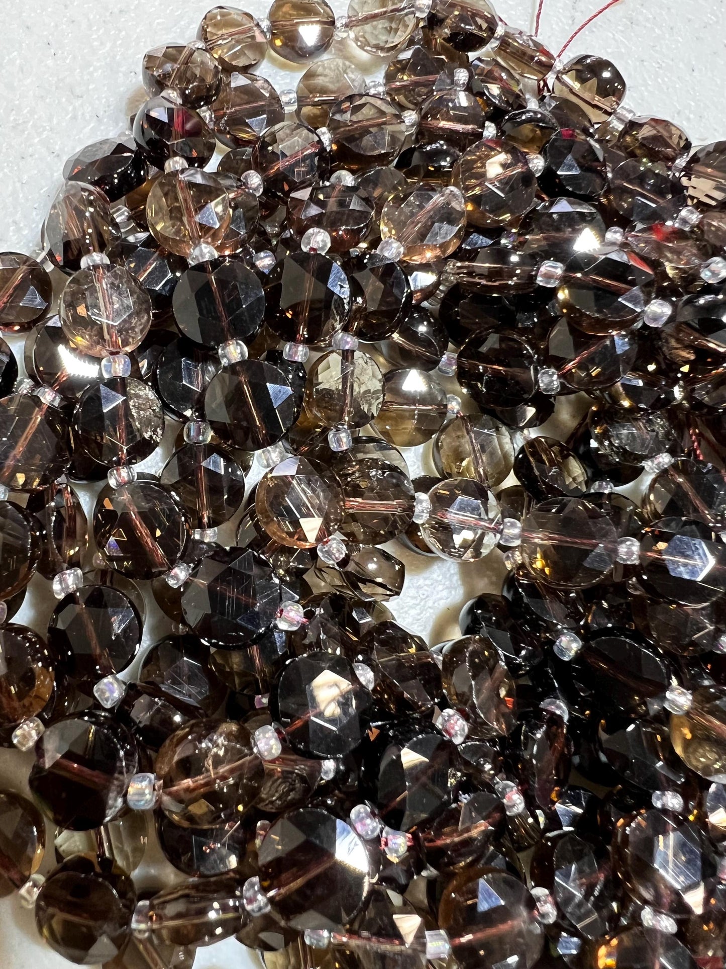 Natural Smokey Quartz 10mm Faceted Dime shape jewelry making beads 14”Strand Approx 30 pcs