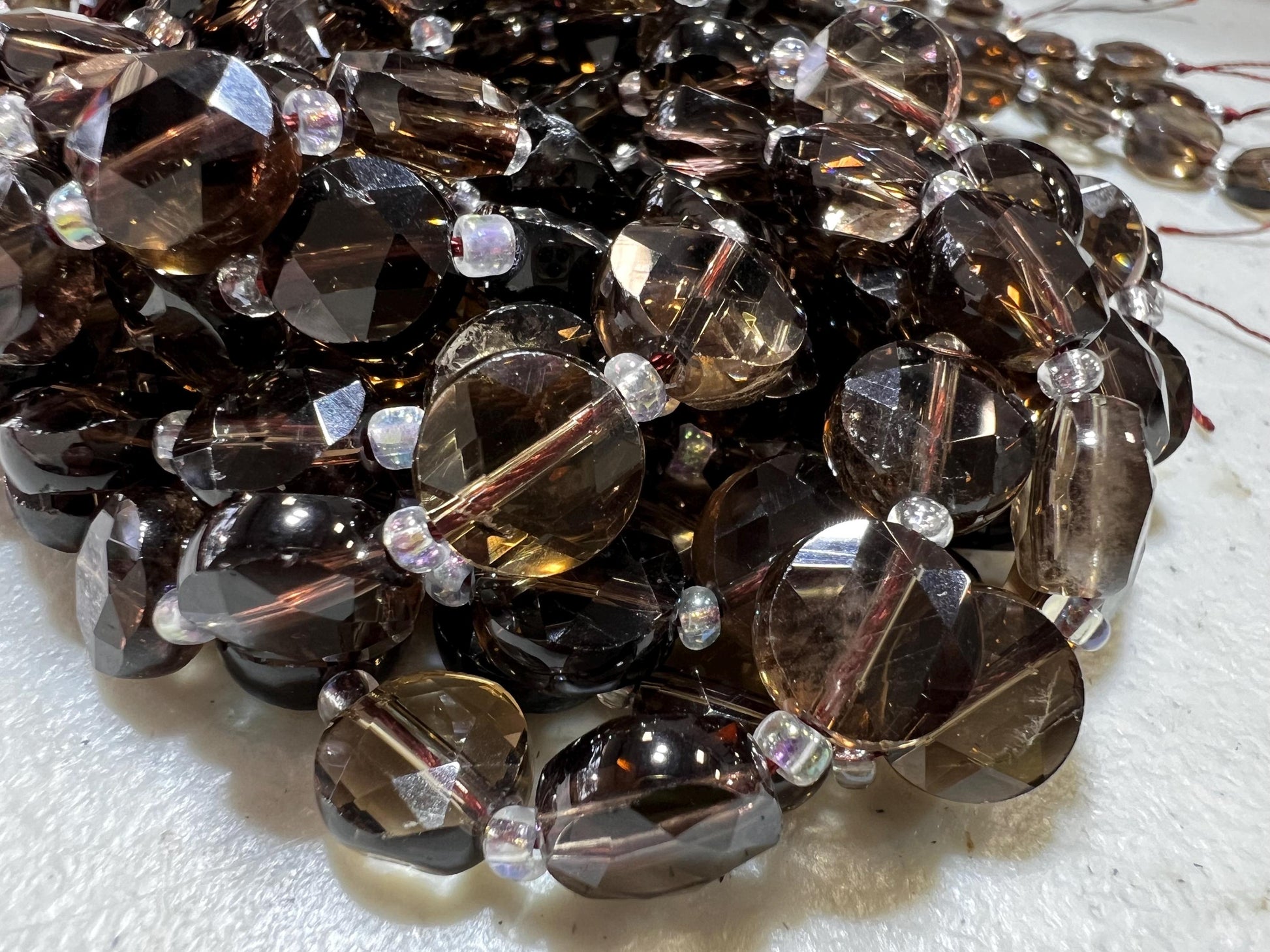 Natural Smokey Quartz 10mm Faceted Dime shape jewelry making beads 14”Strand Approx 30 pcs