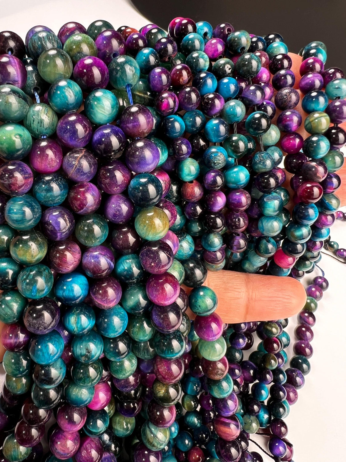 Galaxy Tiger Eye Smooth Round beads for, Jewelry Making Natural Gemstone Beads. 6mm, 8mm 14.5” full strand blue green pink purple