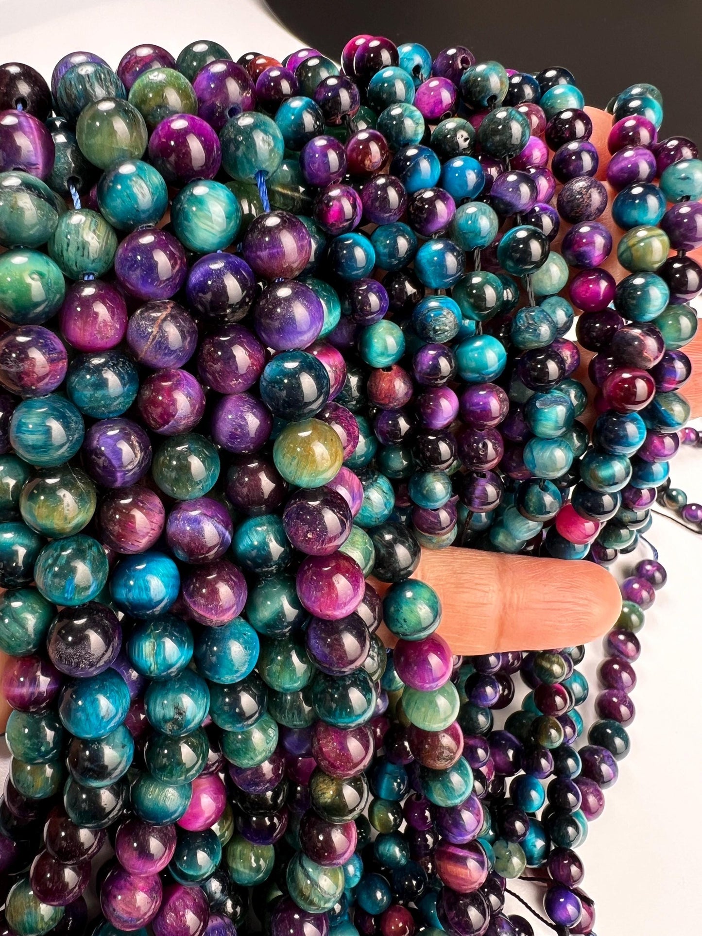 Galaxy Tiger Eye Smooth Round beads for, Jewelry Making Natural Gemstone Beads. 6mm, 8mm 14.5” full strand blue green pink purple