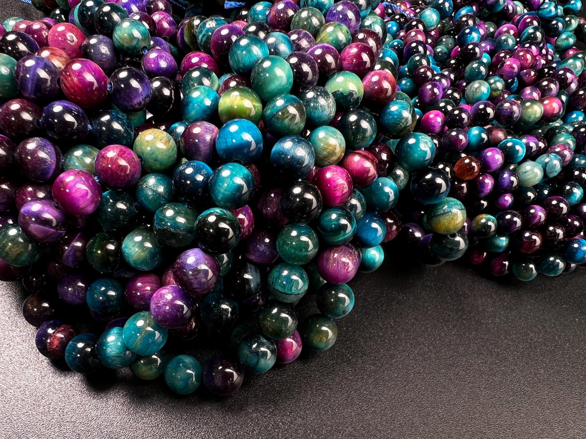 Galaxy Tiger Eye Smooth Round beads for, Jewelry Making Natural Gemstone Beads. 6mm, 8mm 14.5” full strand blue green pink purple