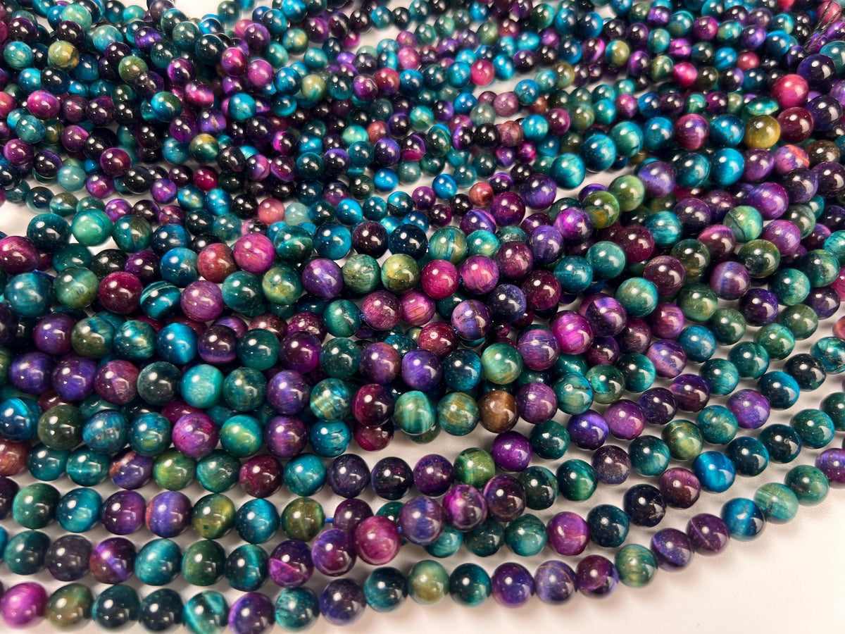 Galaxy Tiger Eye Smooth Round beads for, Jewelry Making Natural Gemstone Beads. 6mm, 8mm 14.5” full strand blue green pink purple