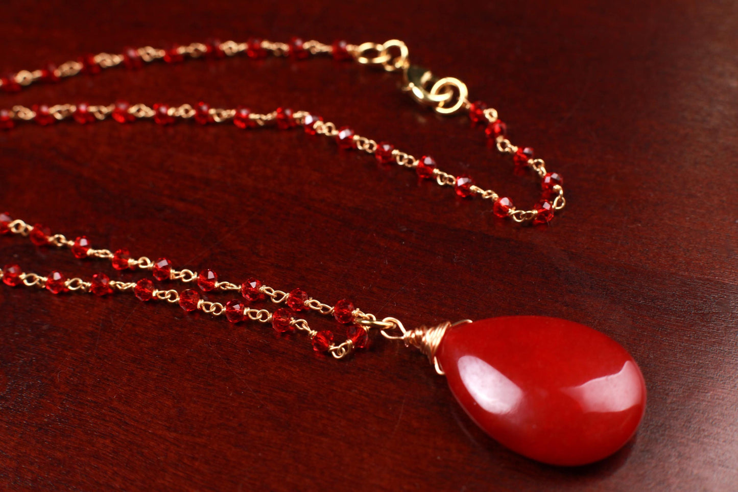 Ruby Jade large pendant 20x30mm with matching beaded Chain gold Necklace. Handmade Bright Ruby red Holiday Gift. 16”-24”