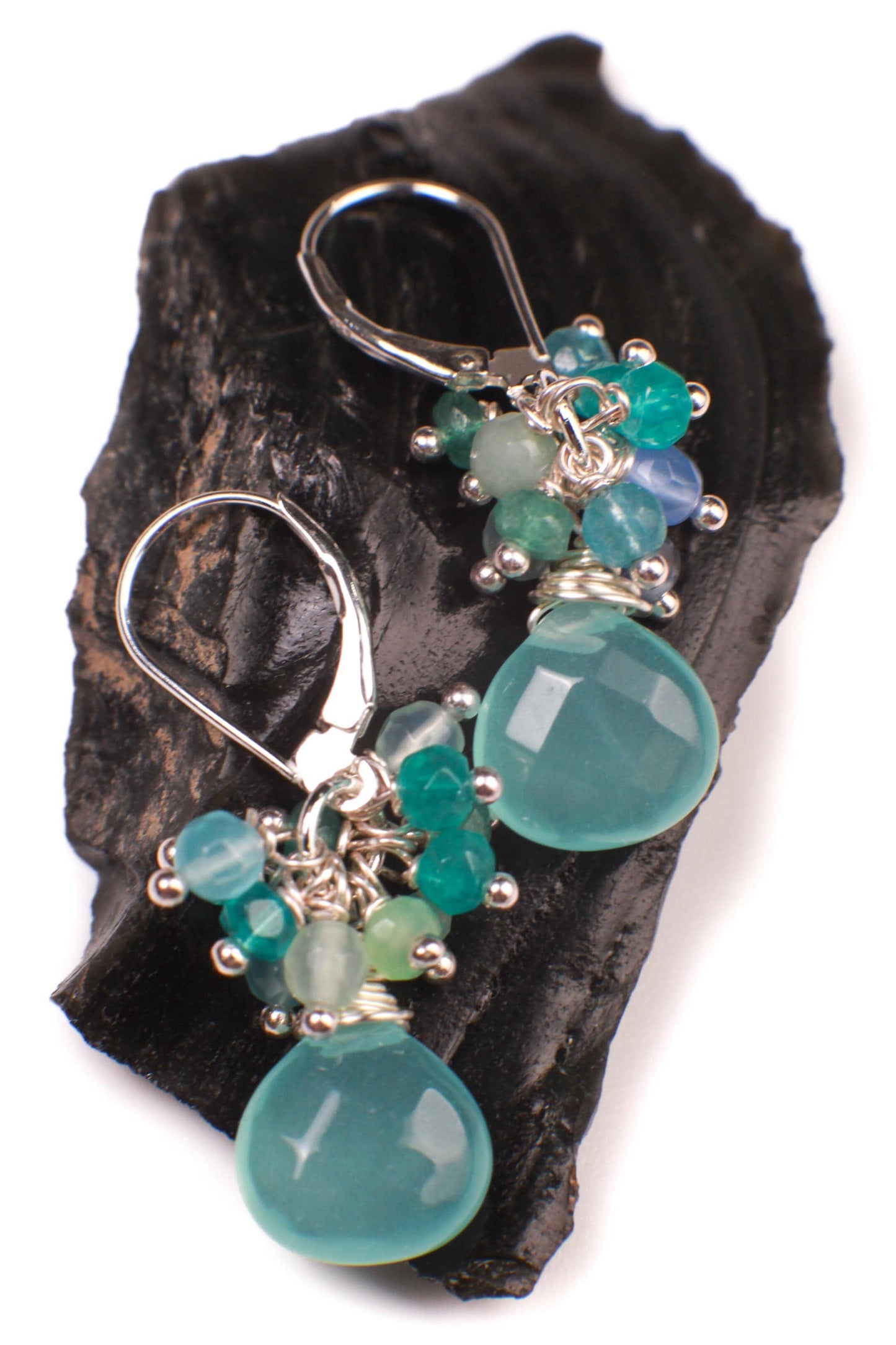 Natiral Aqua Chalcedony Heart cascade Earrings, 925 Sterling Silver, Bridesmaid Gift