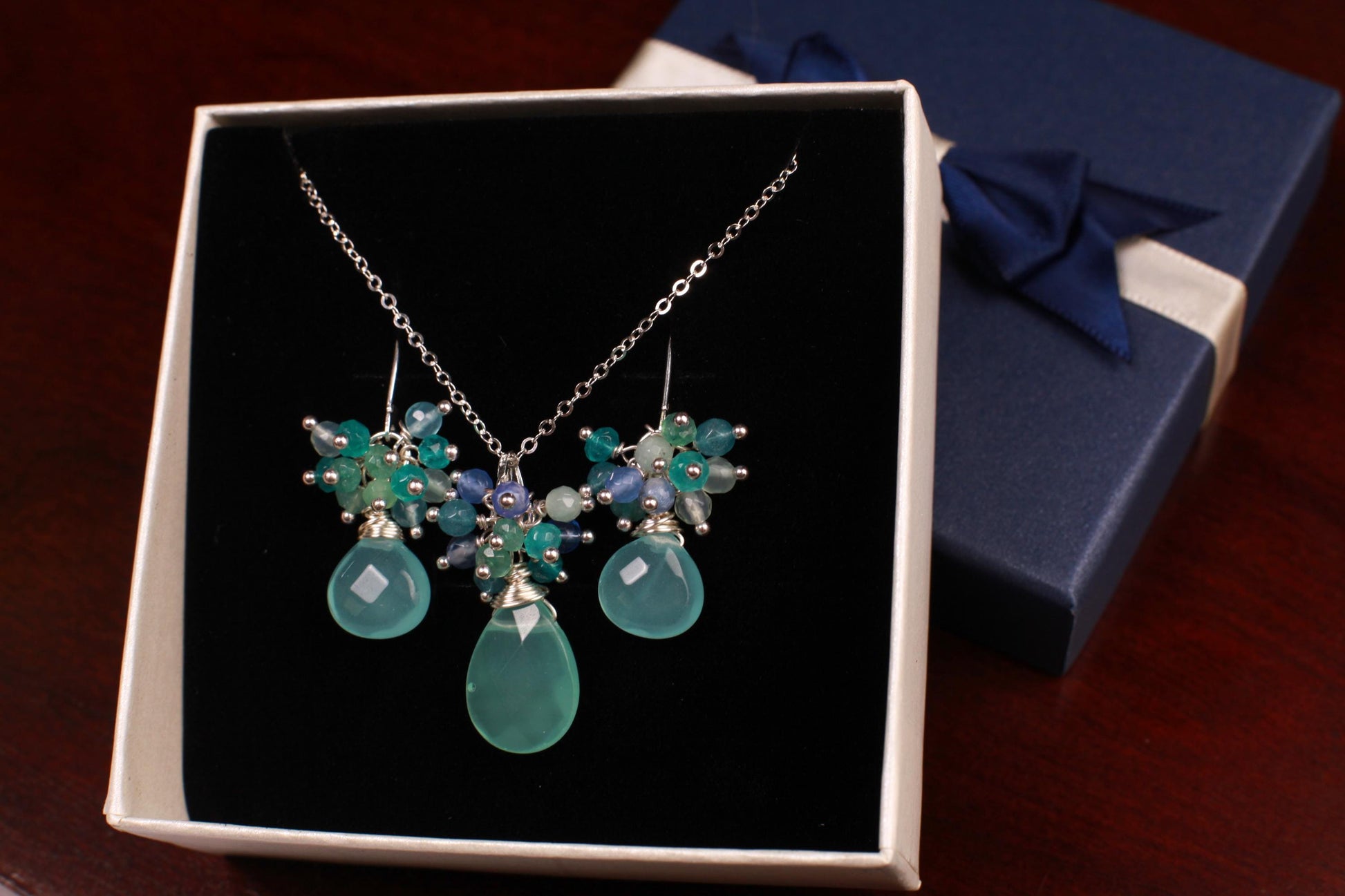 Natiral Aqua Chalcedony Heart cascade Earrings, 925 Sterling Silver, Bridesmaid Gift