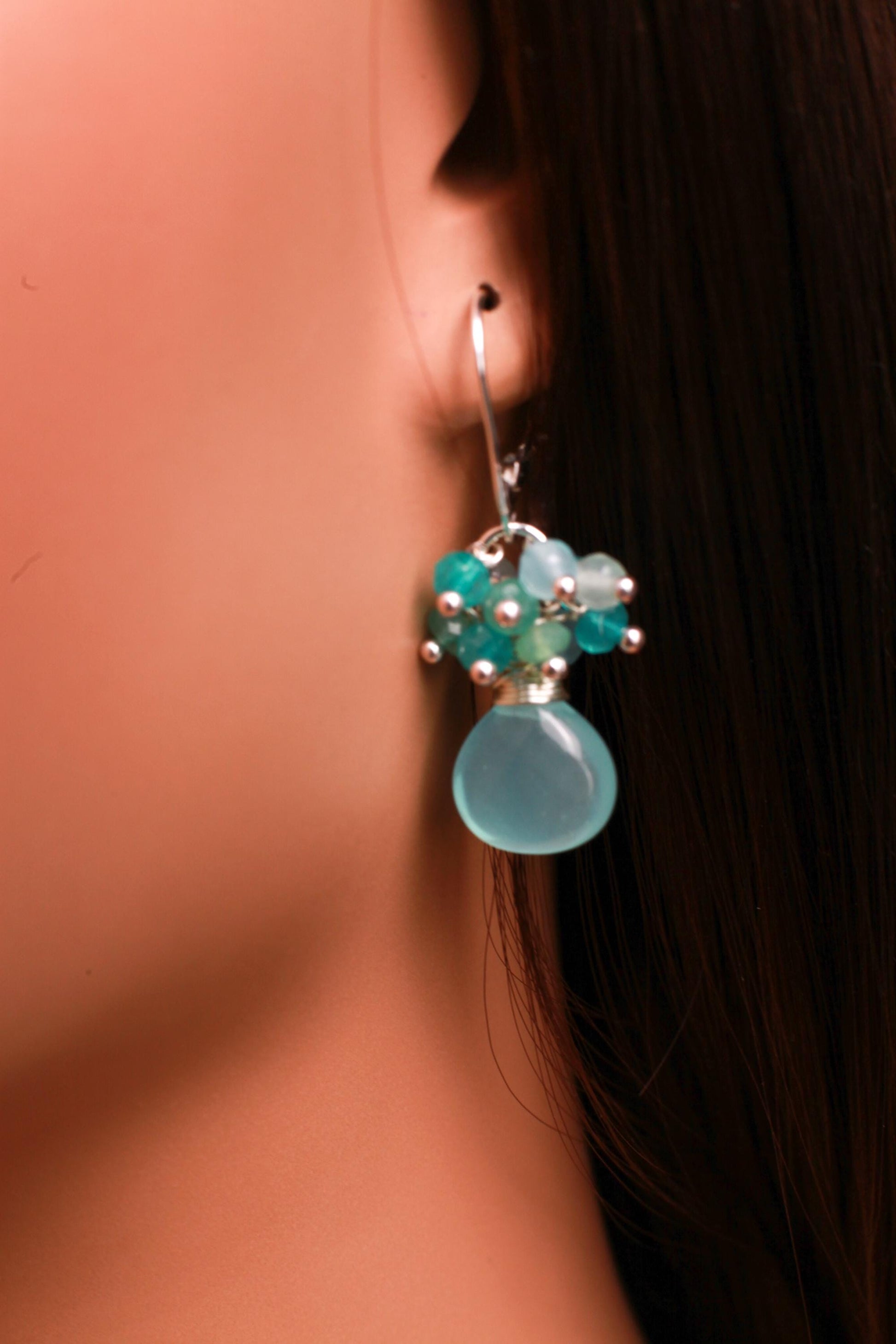 Natiral Aqua Chalcedony Heart cascade Earrings, 925 Sterling Silver, Bridesmaid Gift