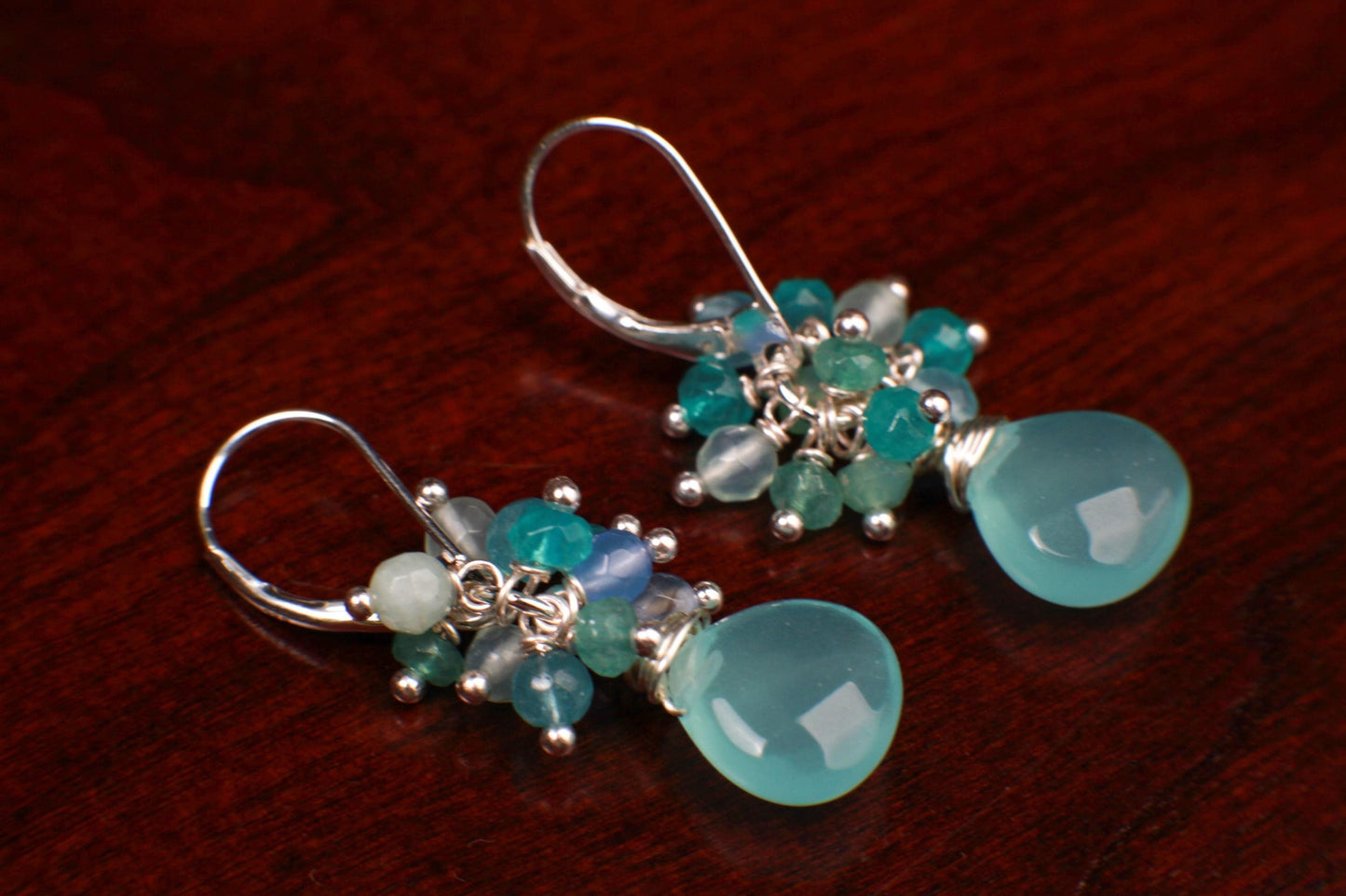 Natiral Aqua Chalcedony Heart cascade Earrings, 925 Sterling Silver, Bridesmaid Gift