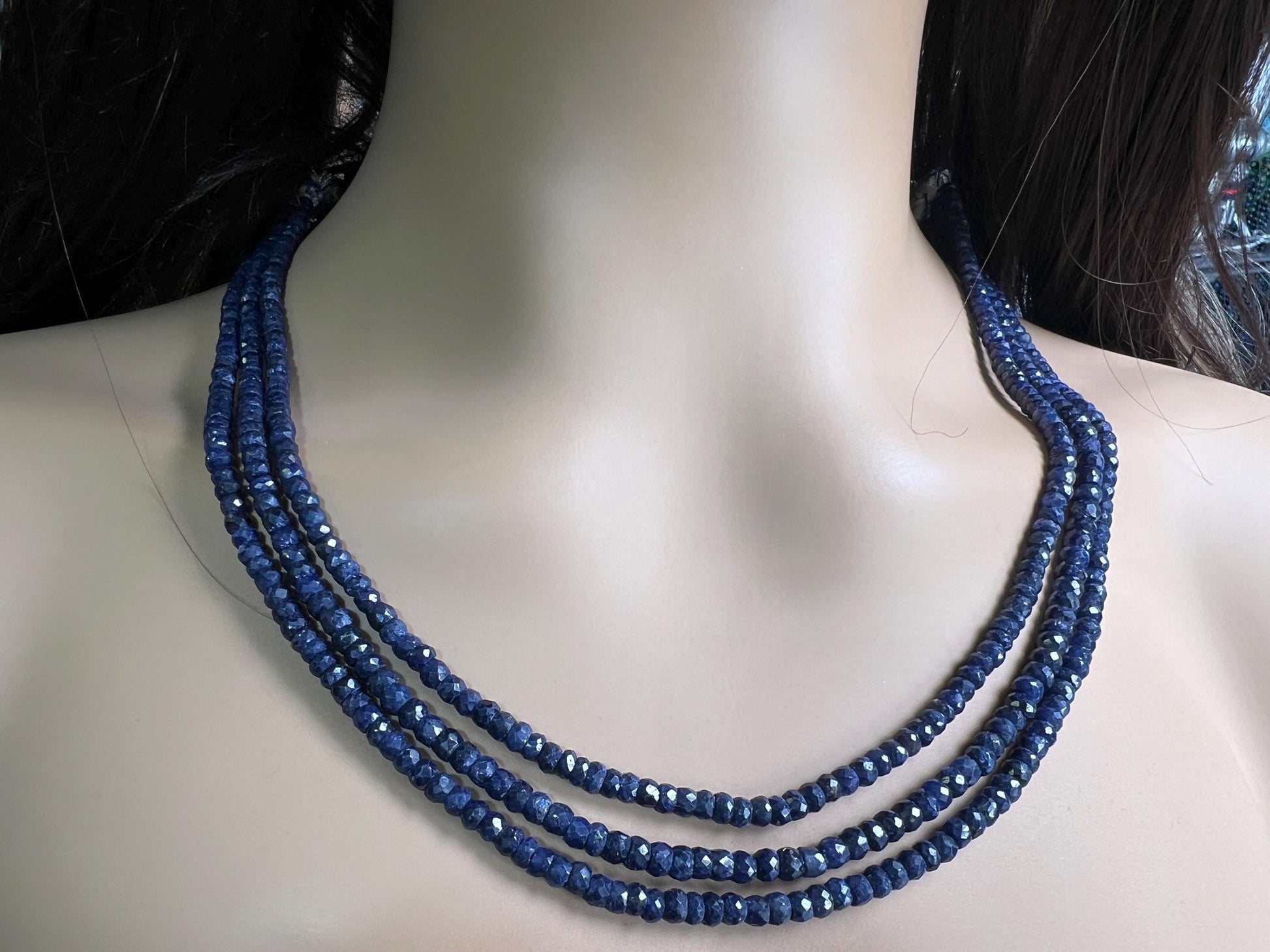 Natural Blue Sapphire Faceted Roundel 4-4.5mm Adjustable Blue Sapphire Gemstone Statement Necklace 16.5" plus 8” extender thread