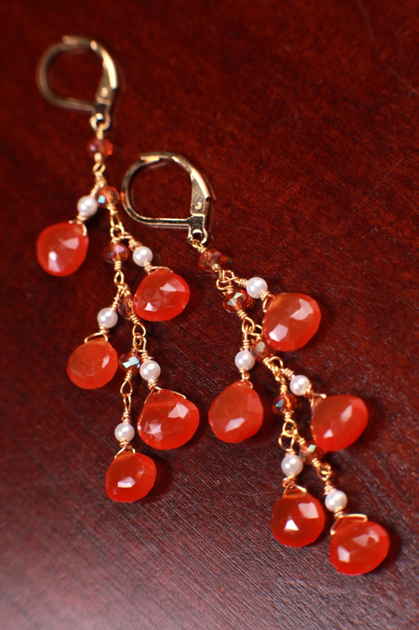 Natural Carnelian orange 7mm Heart shape faceted Cascade dangling freshwater pearl spacers handmade 18K Gold Vermeil earring 925 stamped