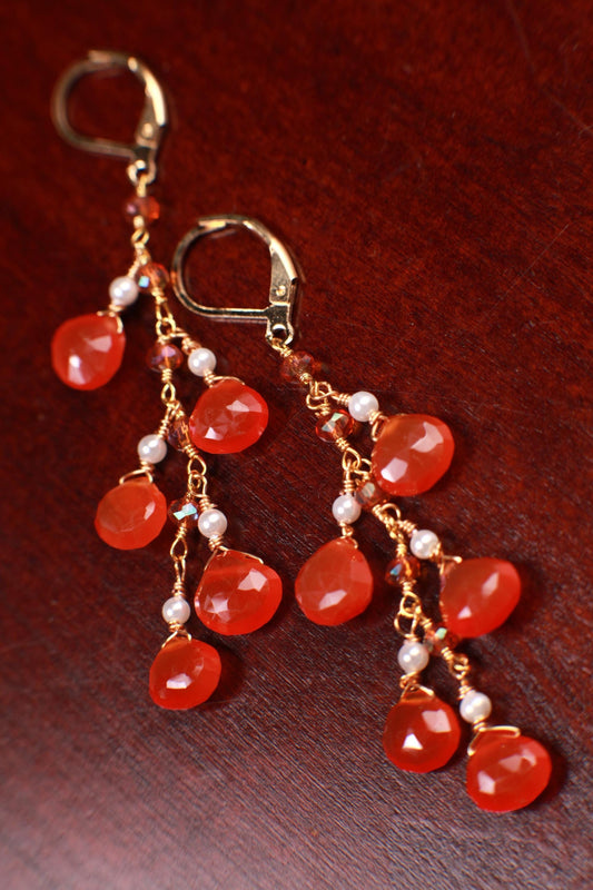 Natural Carnelian orange 7mm Heart shape faceted Cascade dangling freshwater pearl spacers handmade 18K Gold Vermeil earring 925 stamped