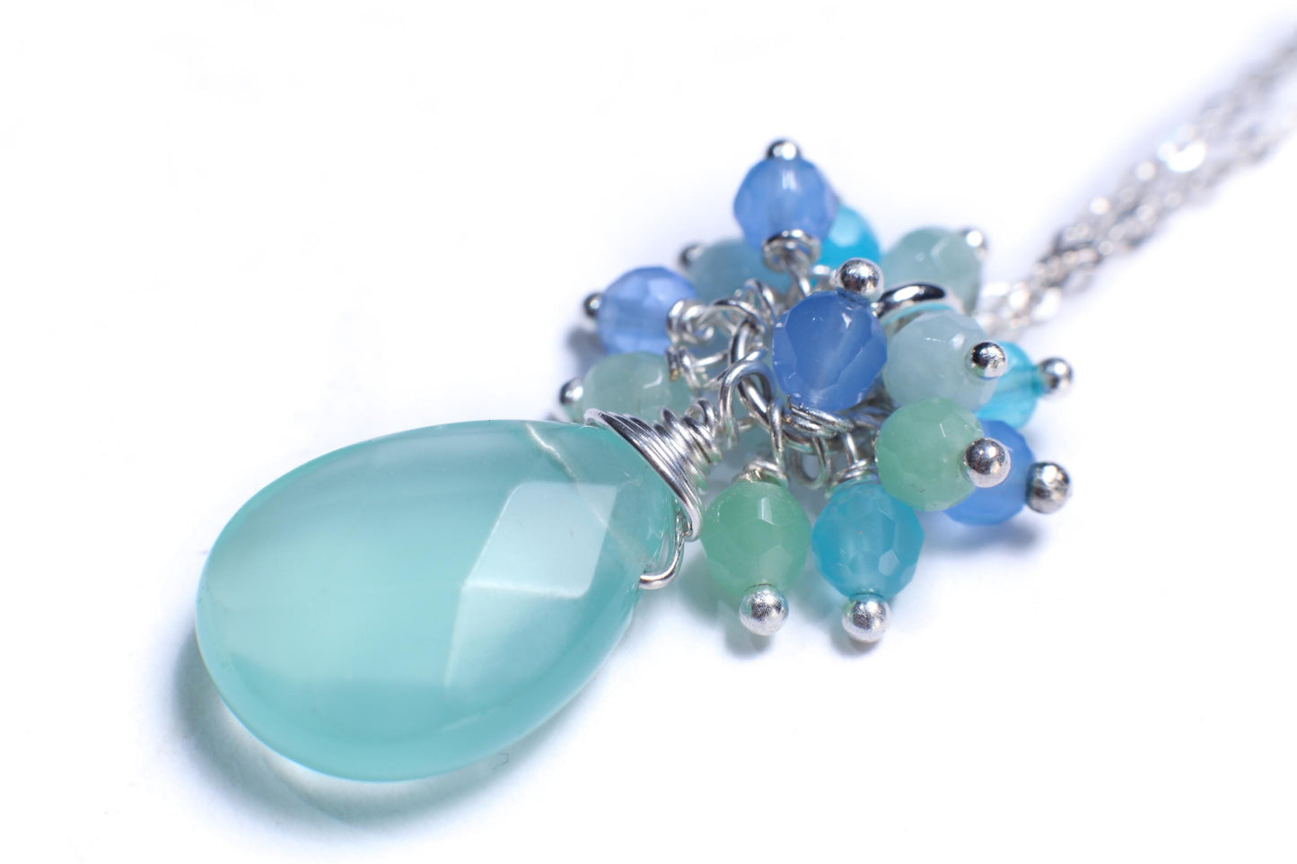 Natural Aqua Chalcedony Faceted Pear Drop 13x21mm, Wire Wrapped Faceted 4mm Sky Blue Quartz Clusters in 927 Sterling Silver Clasp and Chain