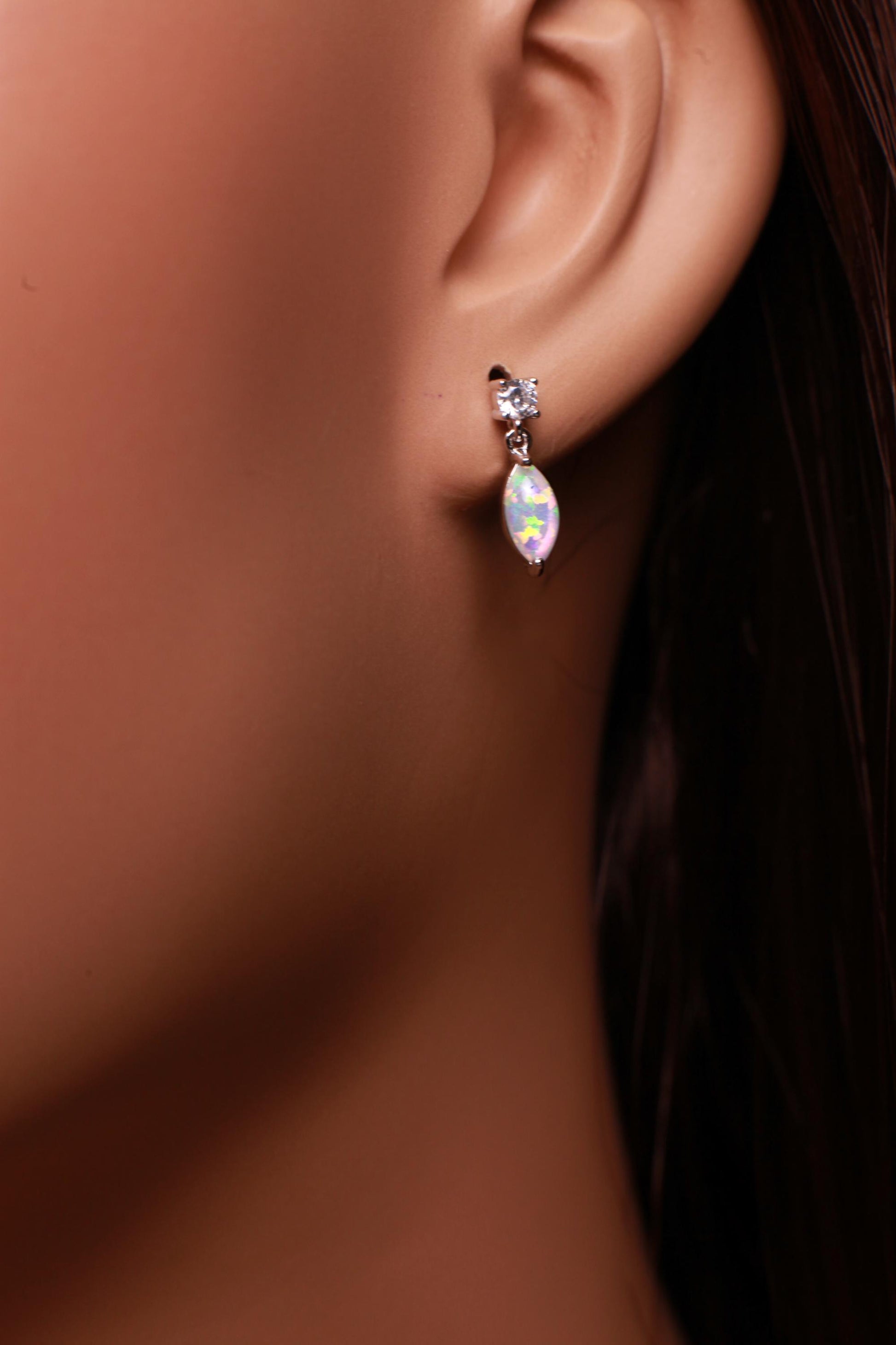 Ethiopian Fire Welo Opal, 4x9mm Marquise CZ Dangling Stud Earrings 925 Sterling Silver, Gold Vermeil, AAA Quality Fiery Dainty Earrings