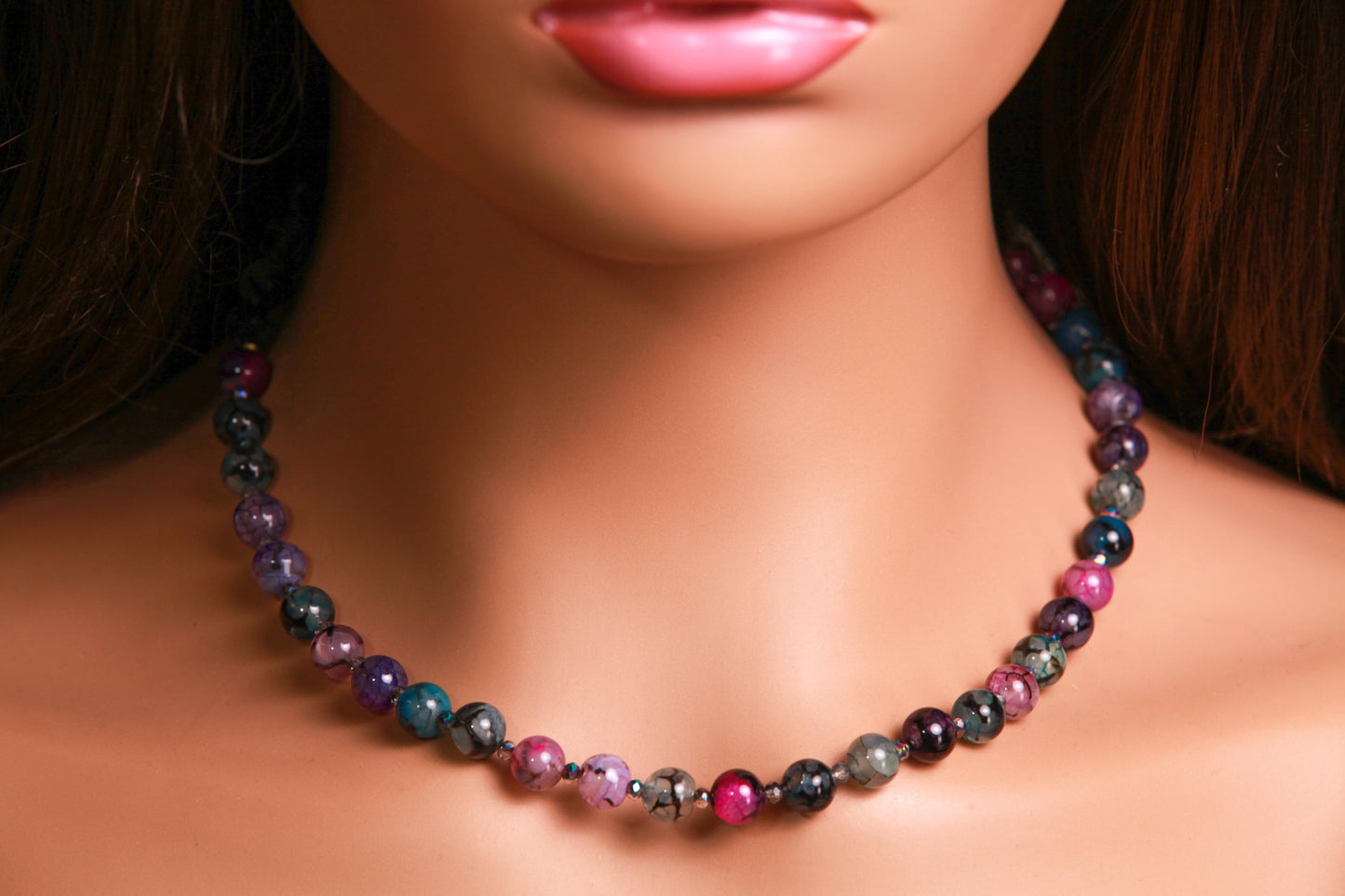 Multi Dragon Vein Agate, Fire Agate 8mm Smooth Round Beaded Multi Color silver Choker Layering Necklace