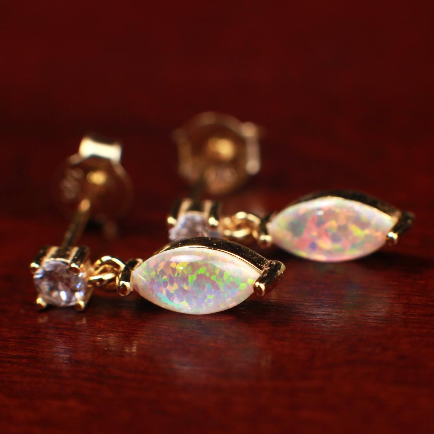 Ethiopian Fire Welo Opal, 4x9mm Marquise CZ Dangling Stud Earrings in Gold Vermeil, AAA Quality Fiery Dainty Earrings