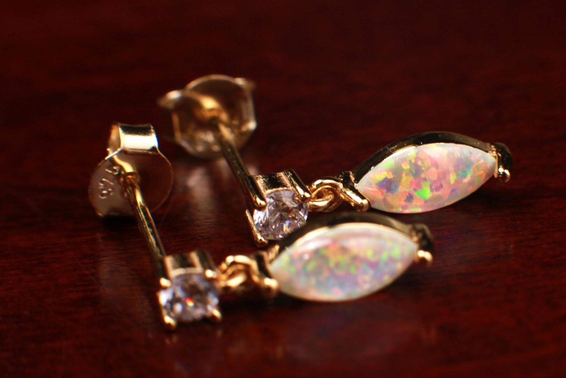 Ethiopian Fire Welo Opal, 4x9mm Marquise CZ Dangling Stud Earrings in Gold Vermeil, AAA Quality Fiery Dainty Earrings