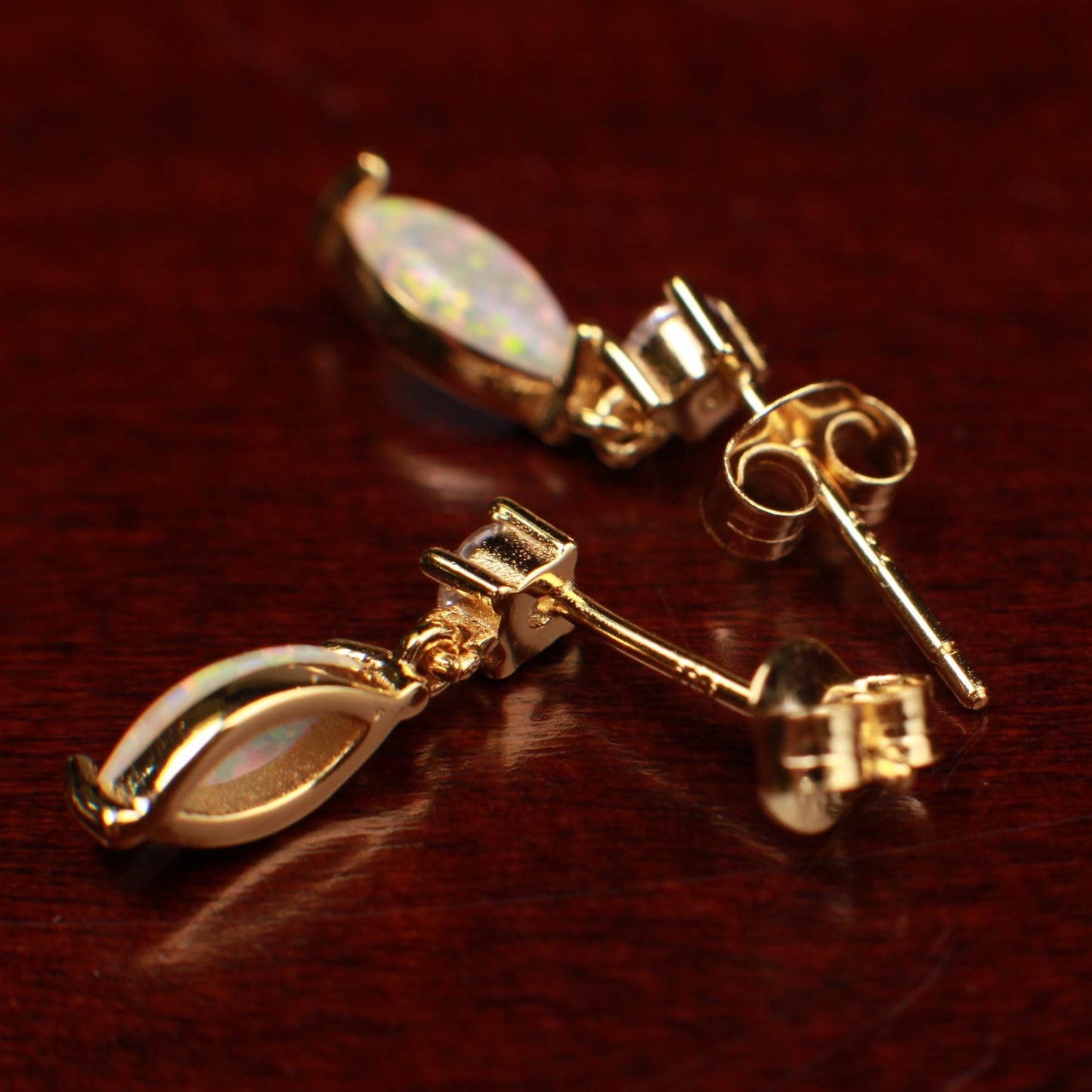 Ethiopian Fire Welo Opal, 4x9mm Marquise CZ Dangling Stud Earrings in Gold Vermeil, AAA Quality Fiery Dainty Earrings