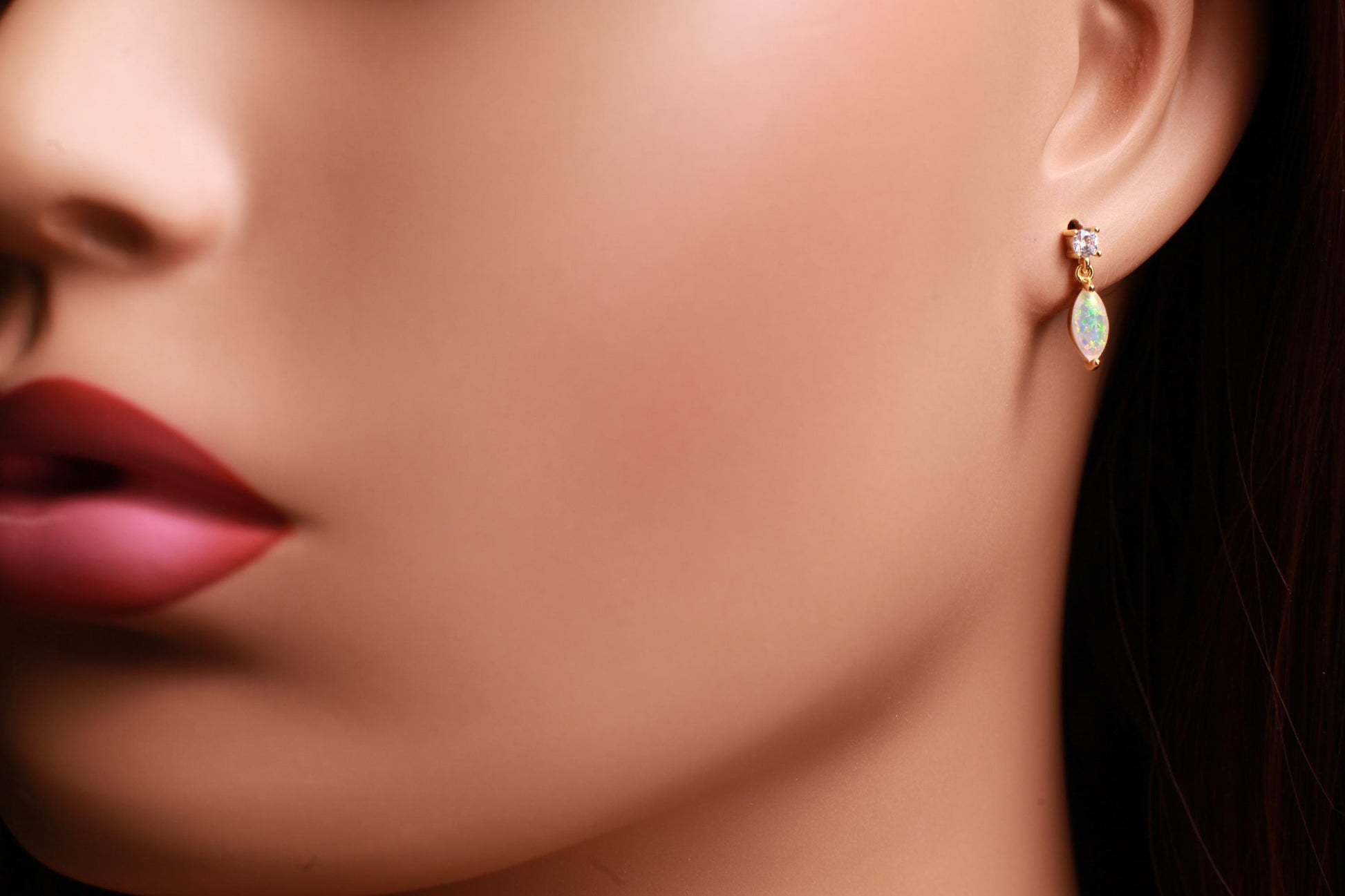 Ethiopian Fire Welo Opal, 4x9mm Marquise CZ Dangling Stud Earrings in Gold Vermeil, AAA Quality Fiery Dainty Earrings