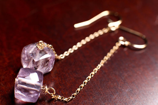 Pink Amethyst 9mm Cube dangling in 14K Gold Filled box Chain and EarWire,Soothing Gem, Natural AAA Amethyst Square are ice Cut gems. Gift