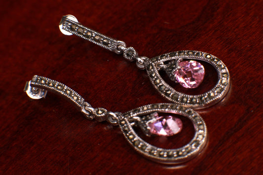 Vintage Marcasite 925 Sterling Silver Pink Topaz 6x9mm Teardrop Post Dangling Earrings. 925 stamped, Antique vintage gift for her