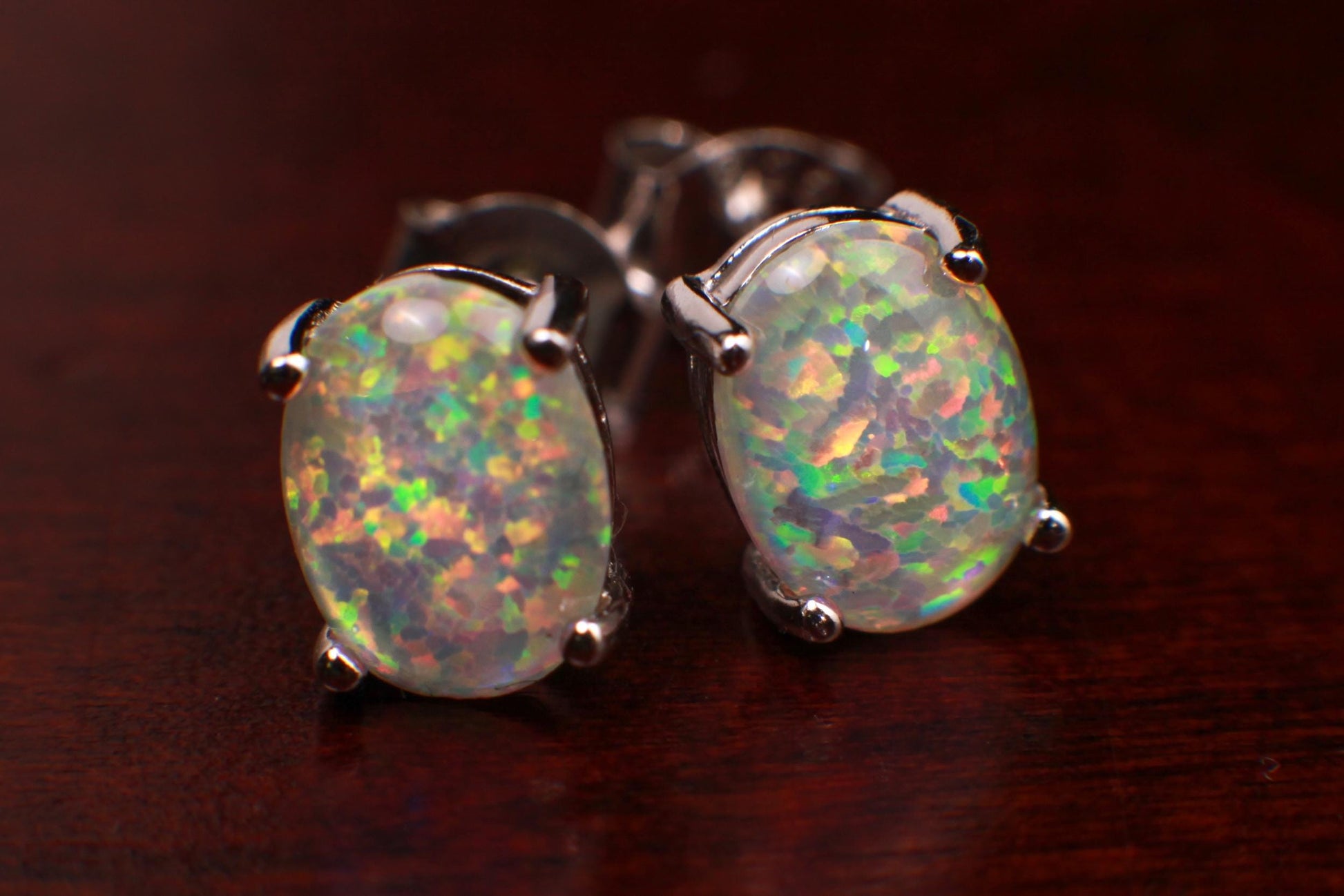 Ethiopian Welo Opal Stud Earrings, Sterling Silver, AAA Quality