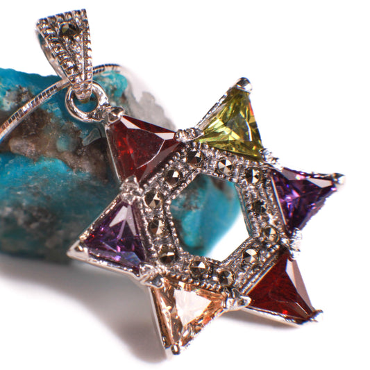 Vintage Marcasite Star of David Peridot, Citrine, Garnet, Amethyst, 925 Sterling Silver Pendant necklace. 925 stamped, Jewish pendant