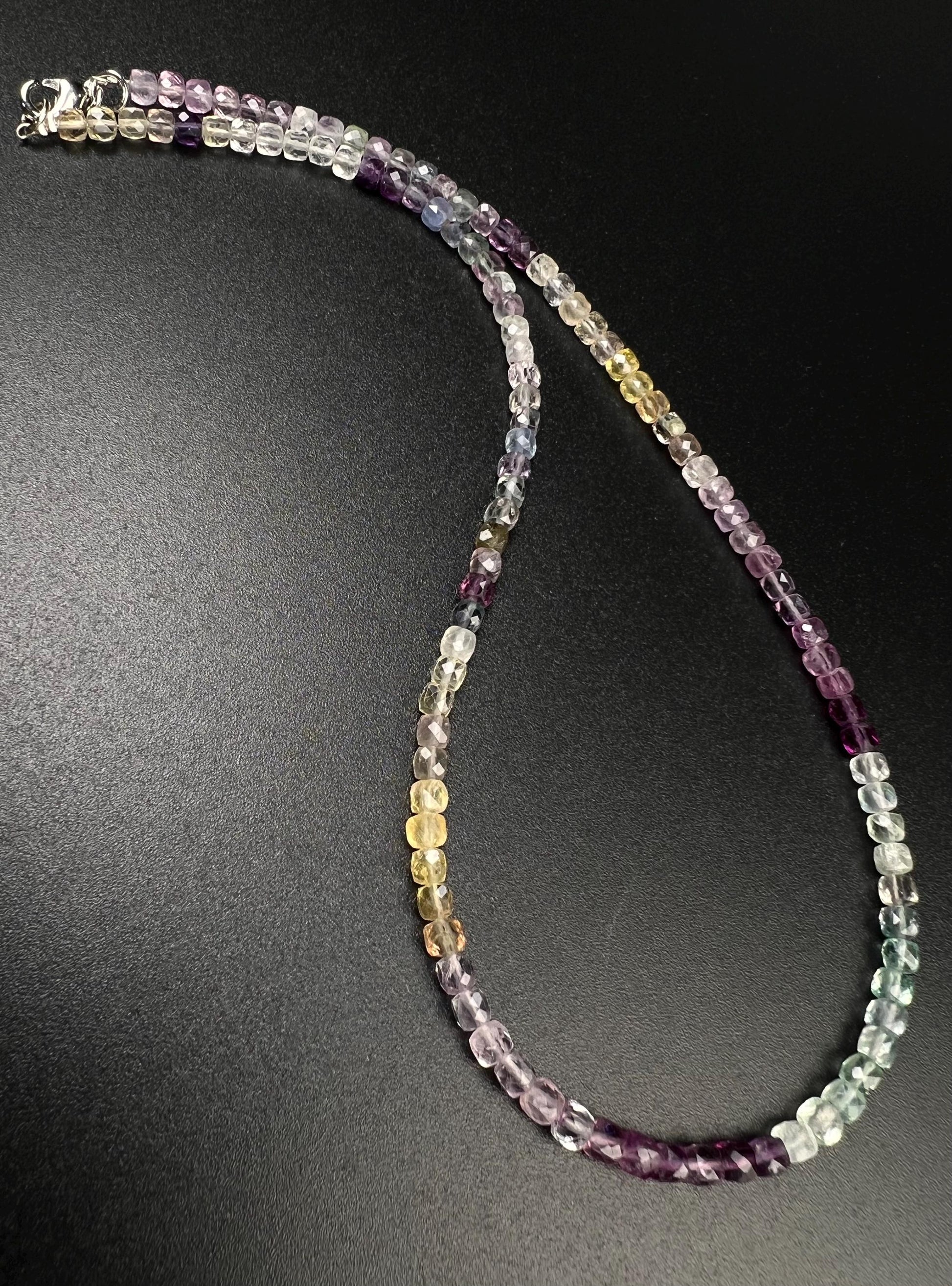 Natural Rainbow Fluorite square Cube Faceted beaded Sterling Silver Necklace,Choker Layering,Prom, Graduation June Birthstone, Precious Gift