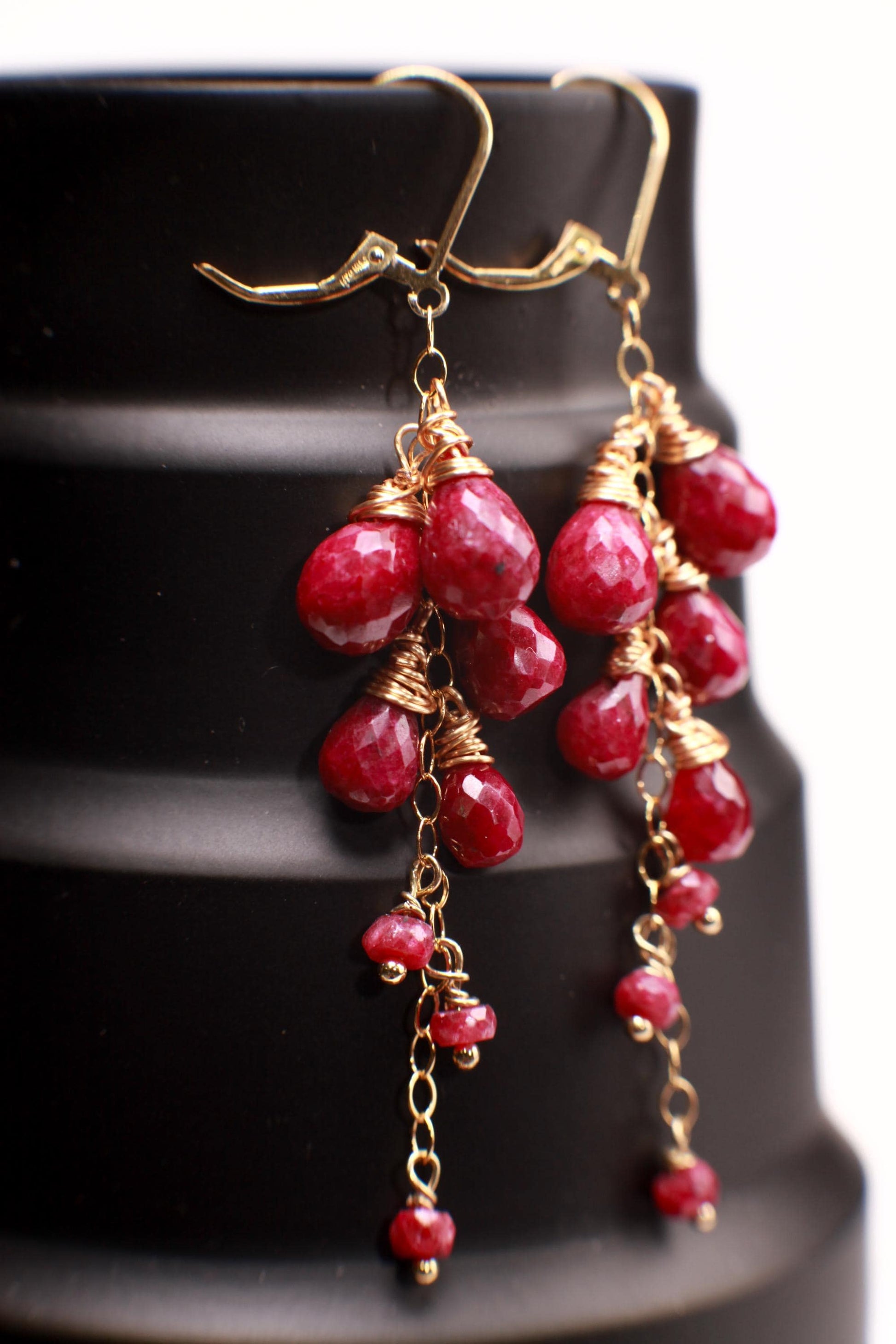 Genuine Ruby faceted 5x7-7x9mm Briolette Cascade 14k Gold Filled Leverback Earrings, Valentine, Bridesmaid, Birthday handmade precious gift.