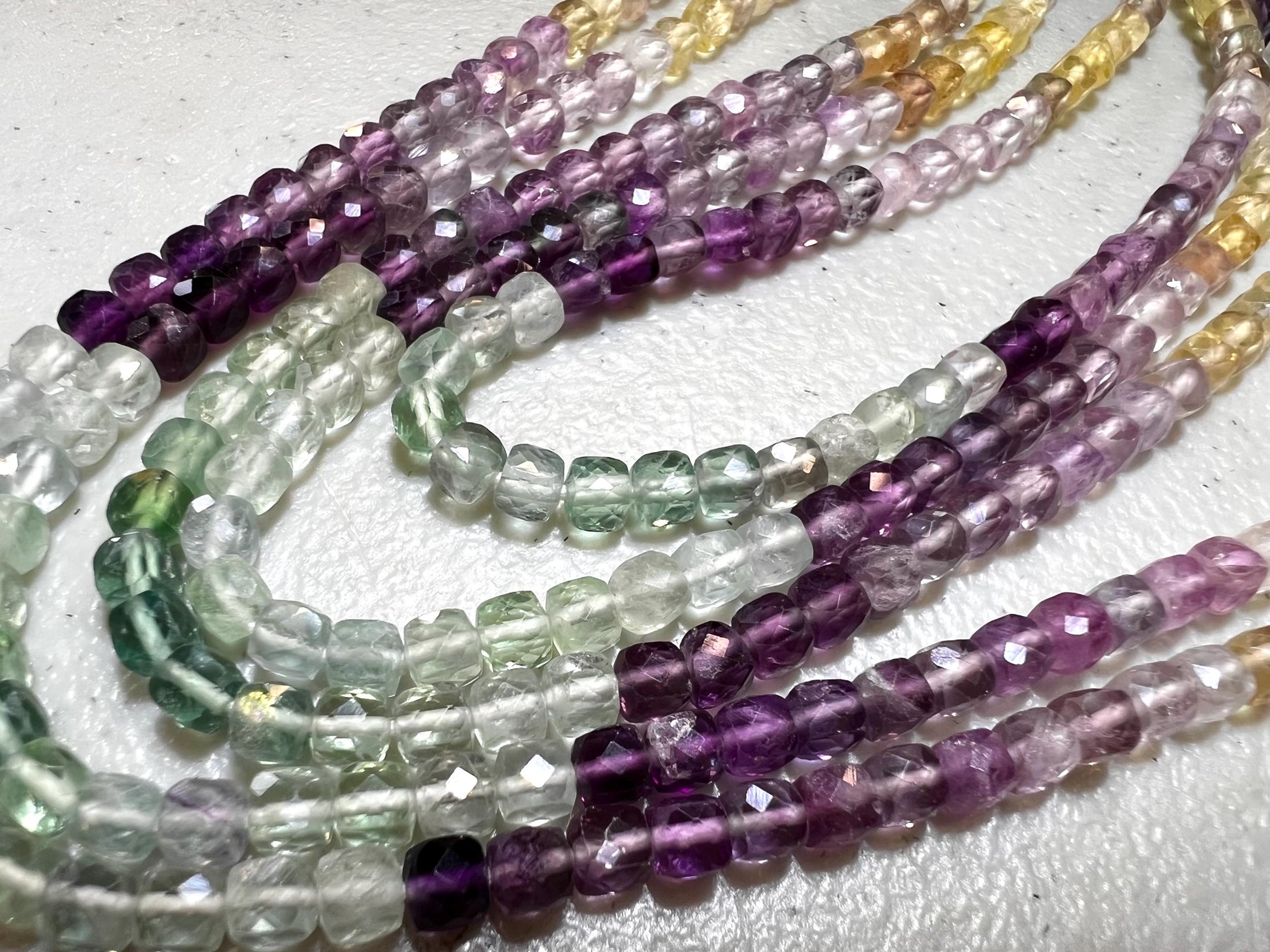 Natural Rainbow Fluorite Faceted Square Cube 4.5mm jewelry making beautiful beads blue purple yellow teal green 13” strand