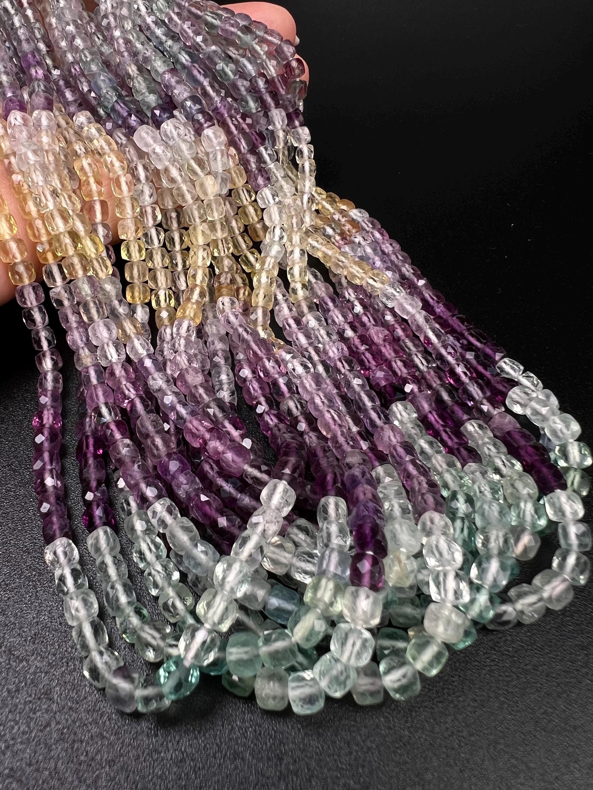 Natural Rainbow Fluorite Faceted Square Cube 4.5mm jewelry making beautiful beads blue purple yellow teal green 12” strand