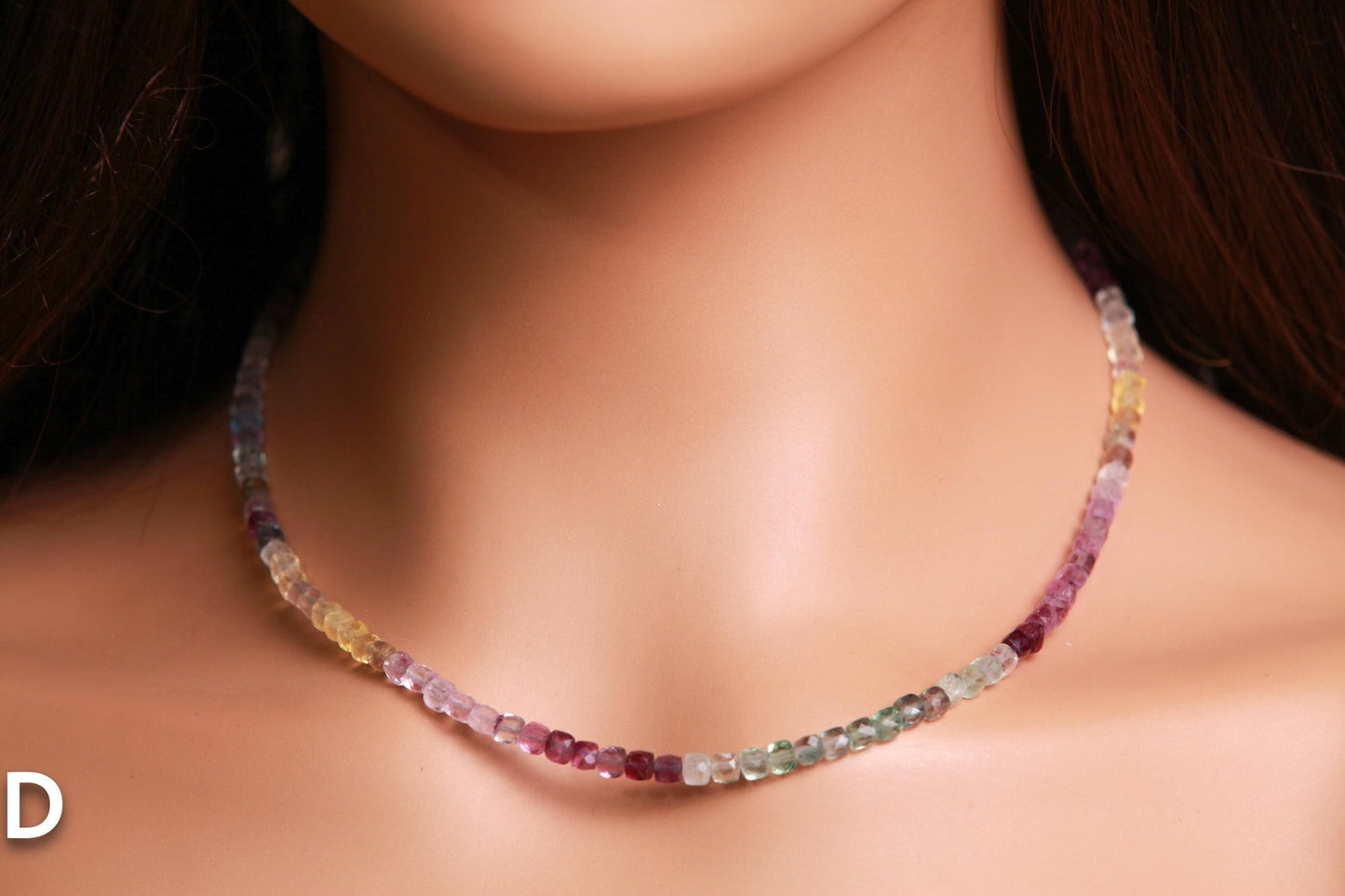 Natural Rainbow Fluorite square Cube Faceted beaded Sterling Silver Necklace,Choker Layering,Prom, Graduation June Birthstone, Precious Gift