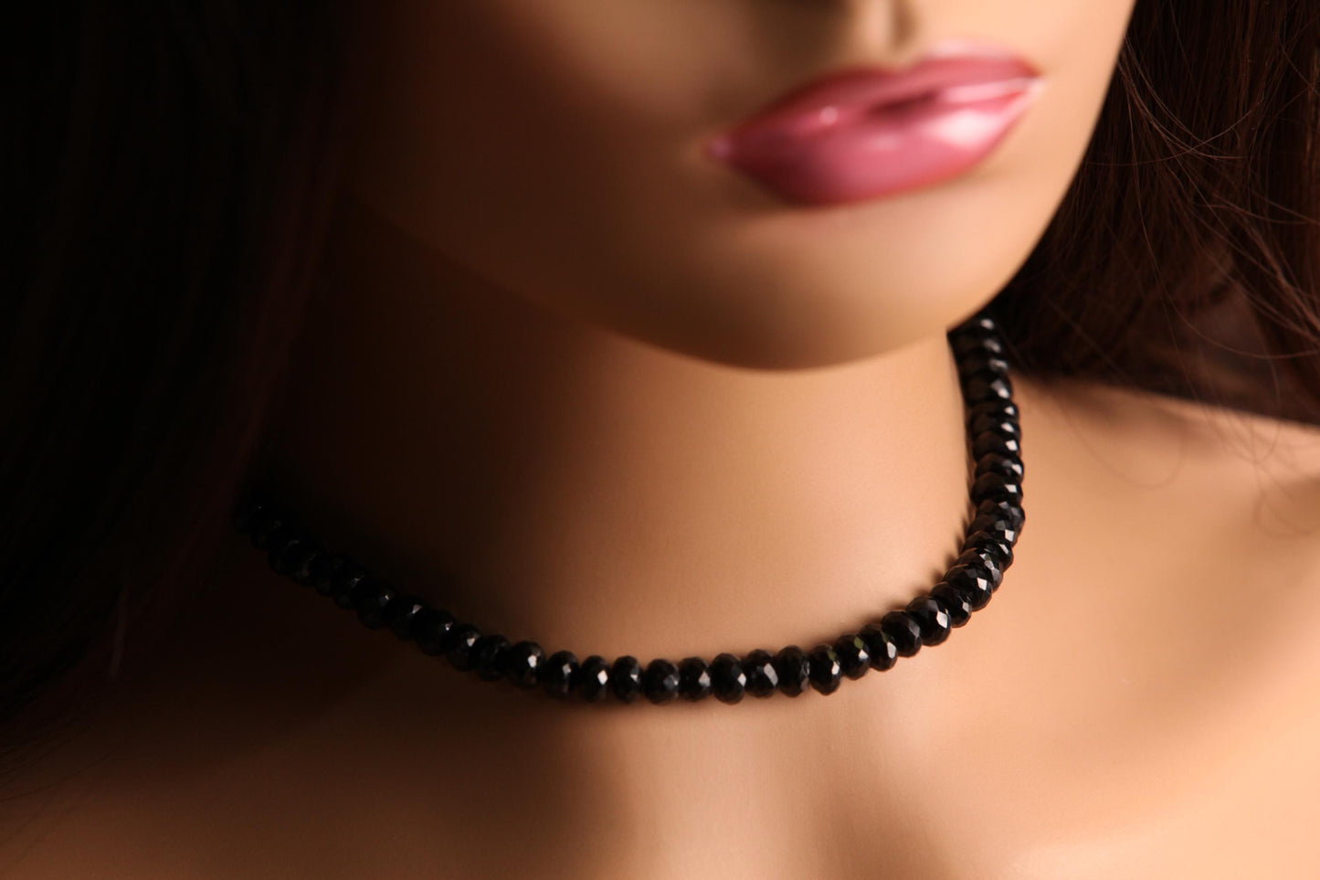 Natural Black Spinel 8-9mm large Micro Faceted Diamond Cut Necklace in Rhodium sterling Silver clasp Choker, Layering Necklace 14"- 36"