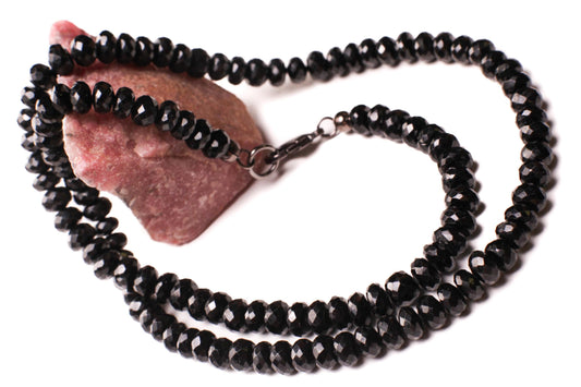 Natural Black Spinel 8-9mm large Micro Faceted Diamond Cut Necklace in Rhodium sterling Silver clasp Choker, Layering Necklace 14"- 36"