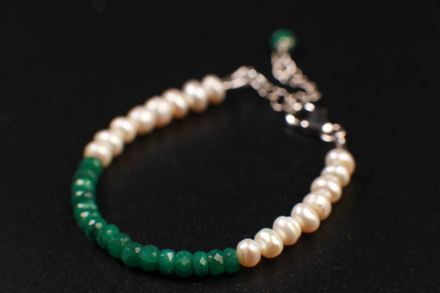 Genuine Emerald Faceted Rondelle and Freshwater Pearl Bracelet in 925 Sterling Silver or 14K Gold Filled Clasp and 1" Extension Chain